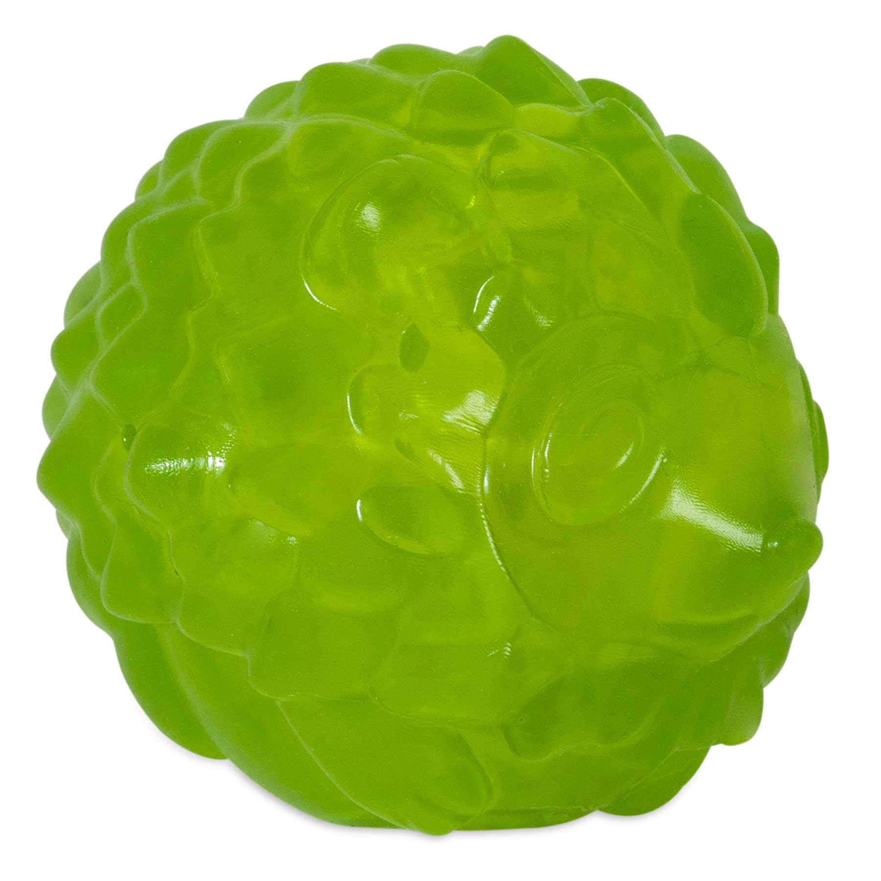 The JW Hedgehog Squeaky Ball Dog Toy by Jw is a translucent, bright green toy shaped like a stylized hedgehog with a textured, spiky surface, made from durable rubber and ideal for small dogs.