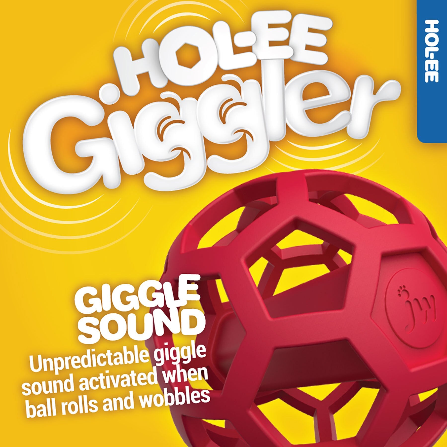 The JW Hol-ee Giggler Dog Toy by Jw, in red natural rubber with an open geometric design on a bright yellow background, emits an unpredictable giggle sound when rolled or wobbled.