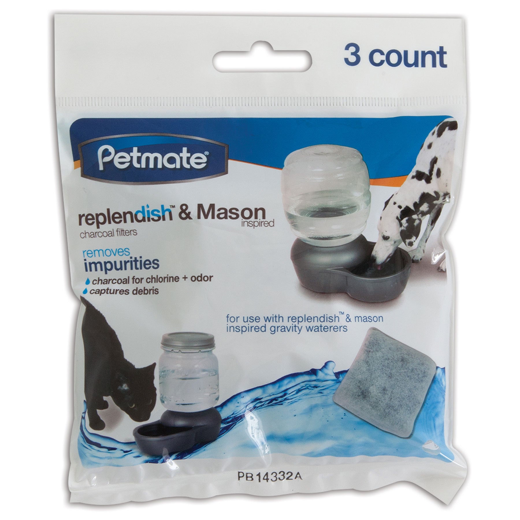 The Pet-mates Replendish & Mason Charcoal Replacement Filters package, which features a cat and dog with Mason style waterers, is designed to remove impurities like chlorine and odor. Three filters are included.