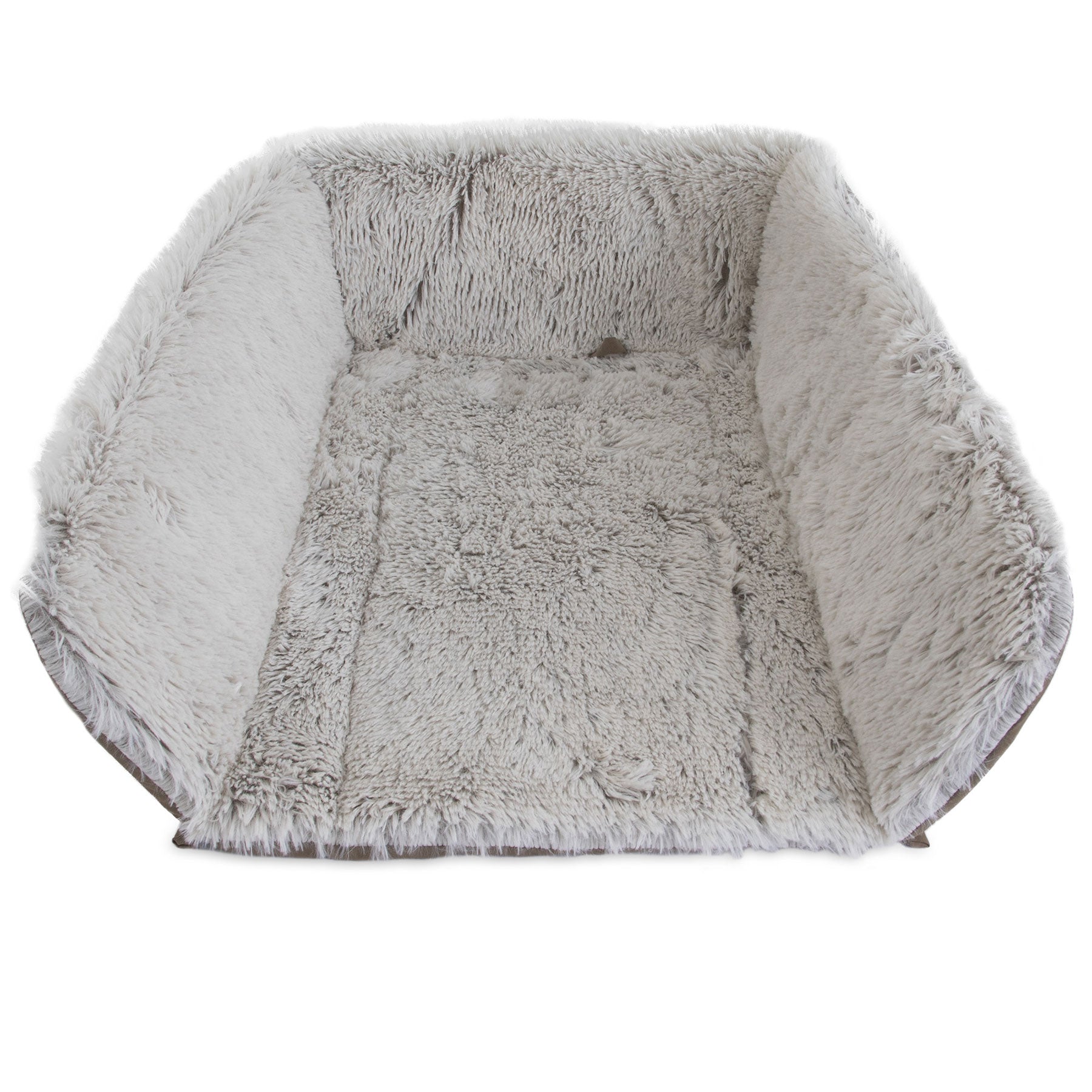 The Pet-mates Cozy Kennel Mat, by Pet-mates, is a large gray pet bed with plush interior and high soft sides. Its shaggy texture mimics faux fur for unrivaled comfort, resembling a cozy home. It sits invitingly empty against a white background.