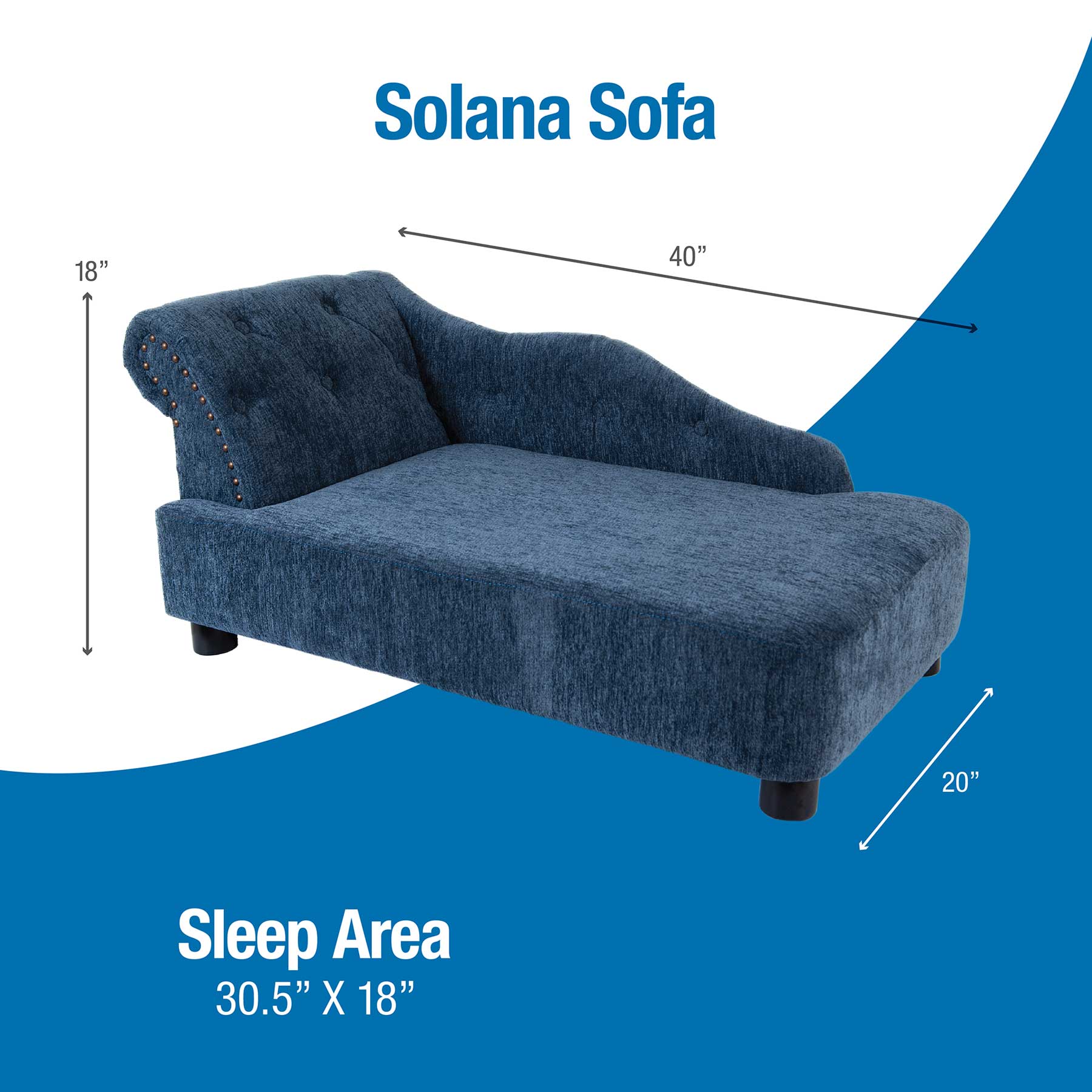 Discover the La-Z-Boy Solana Chaise Sofa Pet Bed, designed for relaxation. With a tufted backrest and chaise lounge style, its perfect for pet lovers and large breed dogs. Dimensions: 40 L x 18 H x 20 W; sleep area: 30.5 x 18.