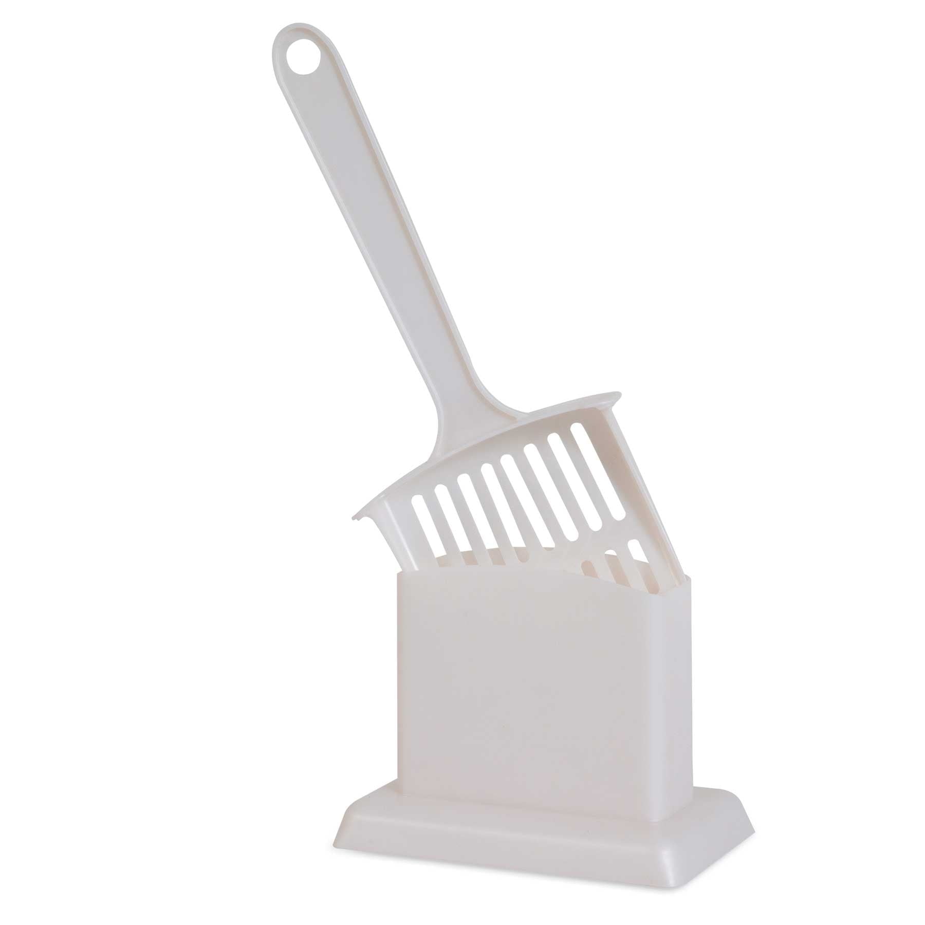 The Pet-mates Handy Stand Litter Scoop, featuring durable white plastic, a long handle, and slotted design, comes with a sanitary storage stand to keep it upright against a plain white background.