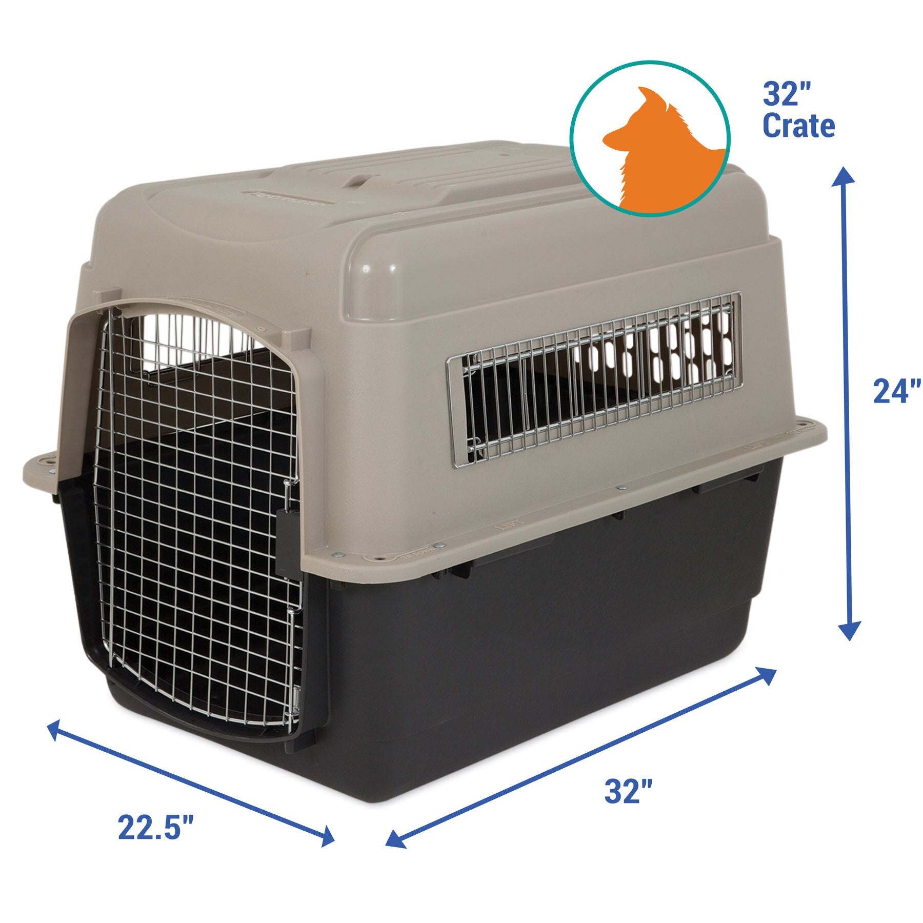 The Pet-mates Traveler - Ultra Vari Kennel by Pet-mates is a large, durable carrier with a wire door and side vents, measuring 32 L x 22.5 W x 24 H—perfect for pet travel. Dog icon and 32 Crate text shown at top right.