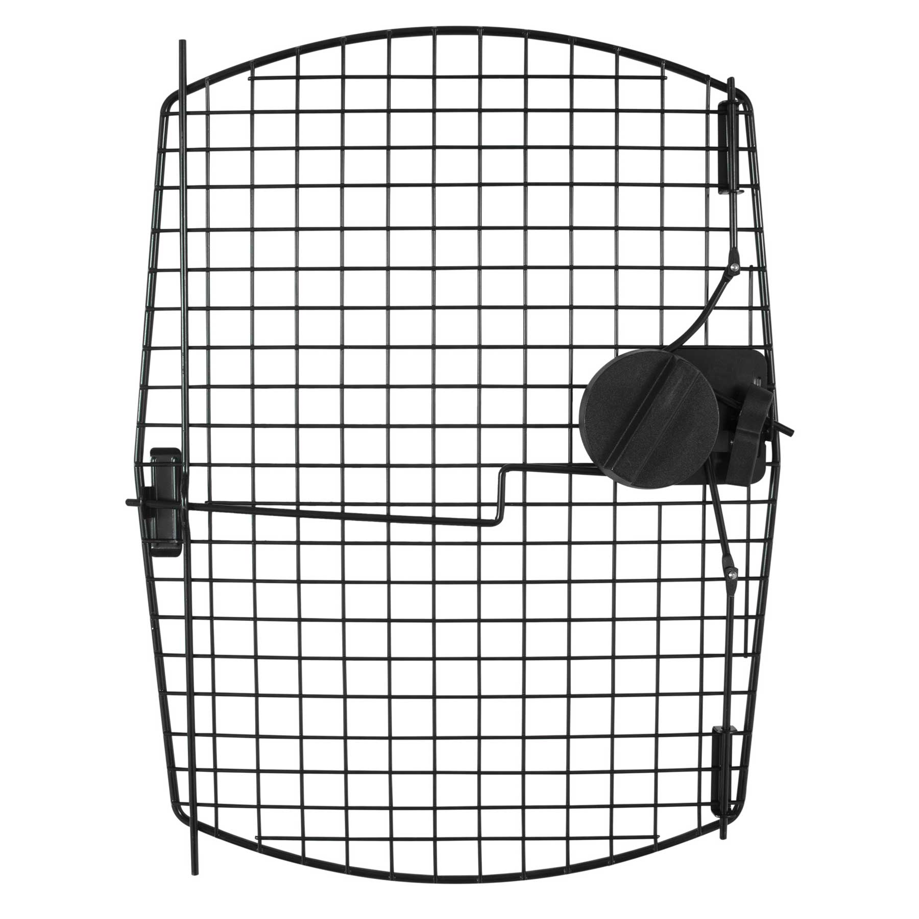 From the front, the Pet-mates 36 Sky Kennel Replacement Door resembles a black metal safety gate with a sturdy grid pattern. It includes a secure latch mechanism on the right side for opening and closing, ideal for pets or small children.