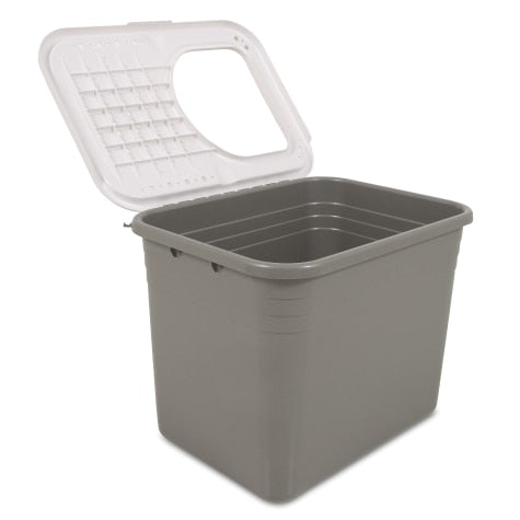 A gray, empty plastic bin with a non-slip grid-patterned white open lid and cutout handle is reminiscent of the versatile Pet-mates Top Entry Litter Box by Pet-mates.