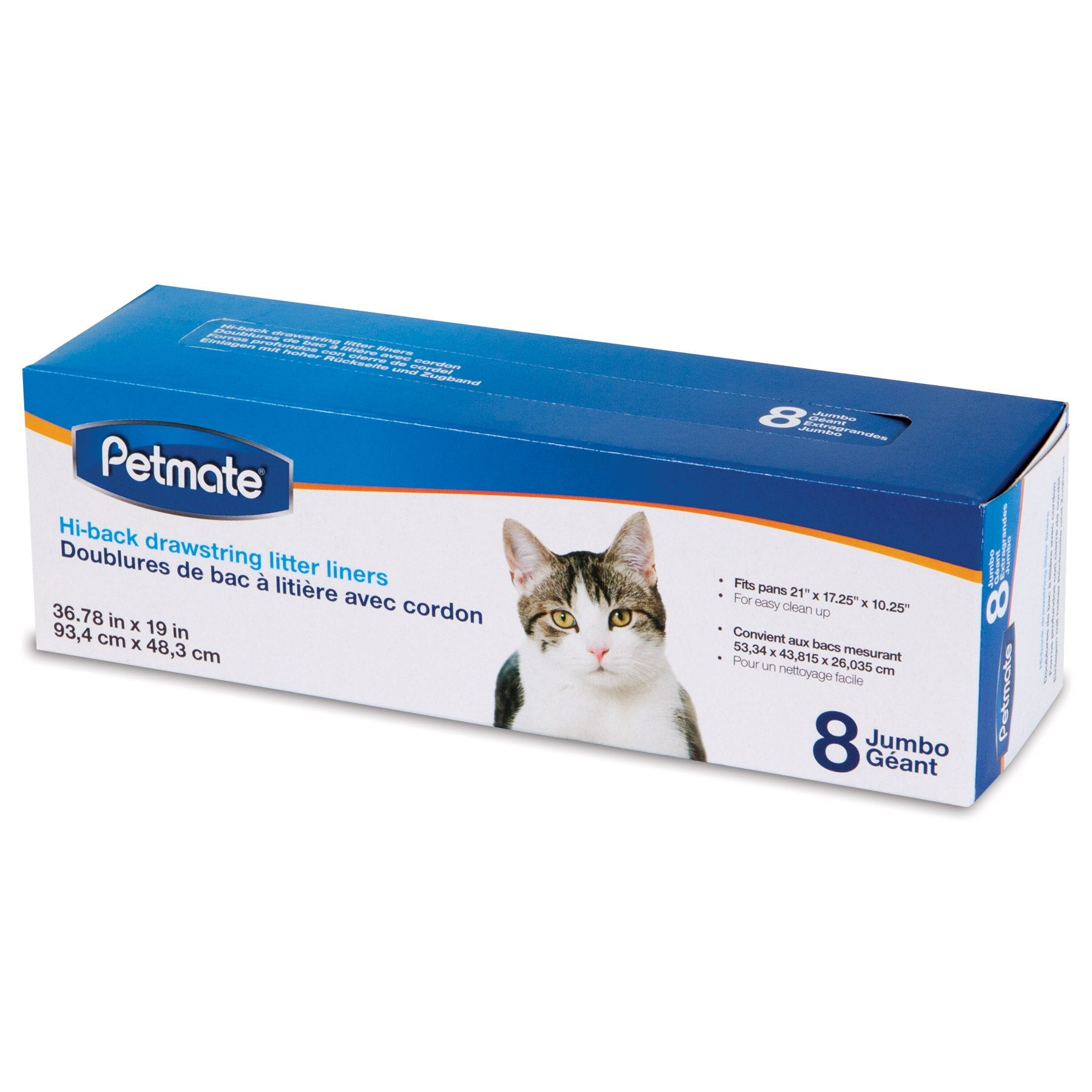 The Pet-mates Drawstring Hi-Back Litter Box Liners come in a blue and white box featuring a cat image, ideal for odor control. The packaging details dimensions, compatible pan sizes, and includes 8 jumbo liners. Its bilingual in English and French for convenient disposal.