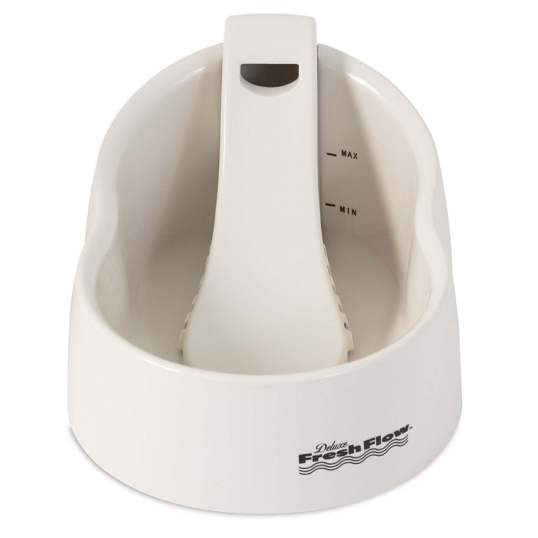 The Pet-mates Deluxe Fresh Flow Fountain for Cats is a white pet water fountain with a central spout, offering filtered water to boost pet health. It features Deluxe Fresh Flow branding and has marked minimum and maximum fill levels.