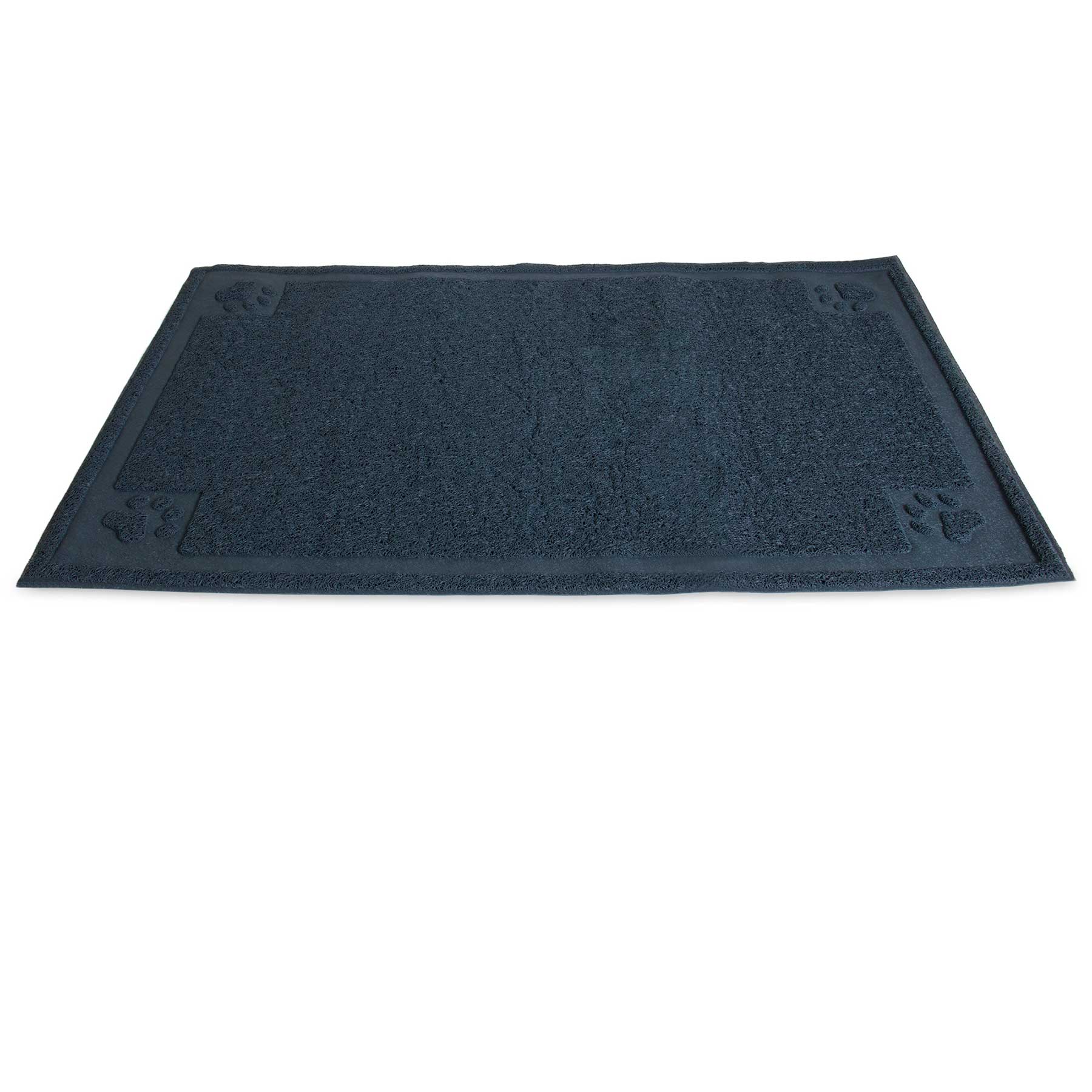 The Pet-mates Paws Large Litter Catcher Mat by Pet-mates is a dark blue rectangular mat with embossed cat paws in the corners. Its soft, absorbent texture makes it ideal for trapping debris or moisture.