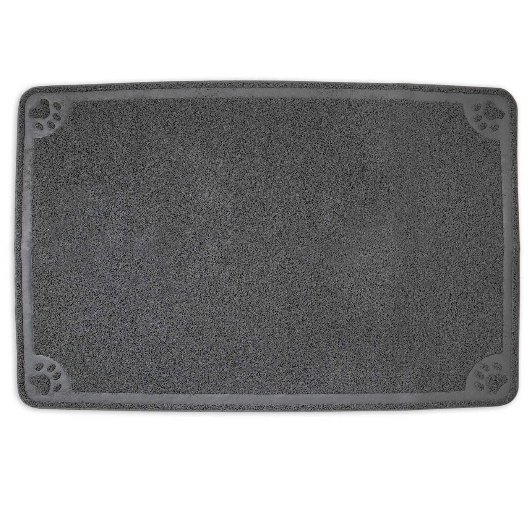 The Pet-mates Extra Large Litter Catcher Mat, with a textured gray surface and paw print corners, is an ideal and stylish companion for your cats litter box.