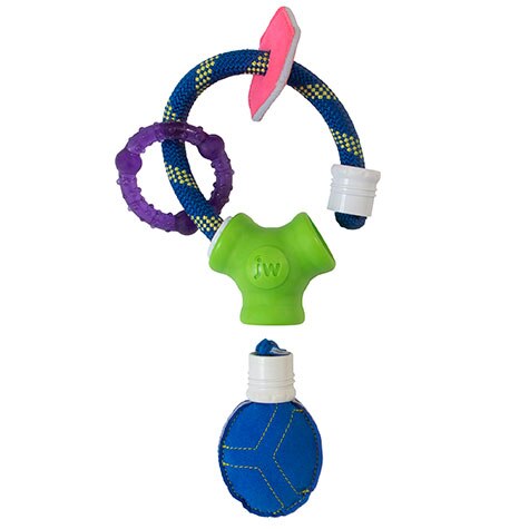 The JW Puppy Connects Soft-ee by Jw is a colorful and durable teething toy featuring a blue, yellow, and pink rope with a purple ring, green plastic shape, and blue fabric ball. Its perfect for interactive play and chew activities.
