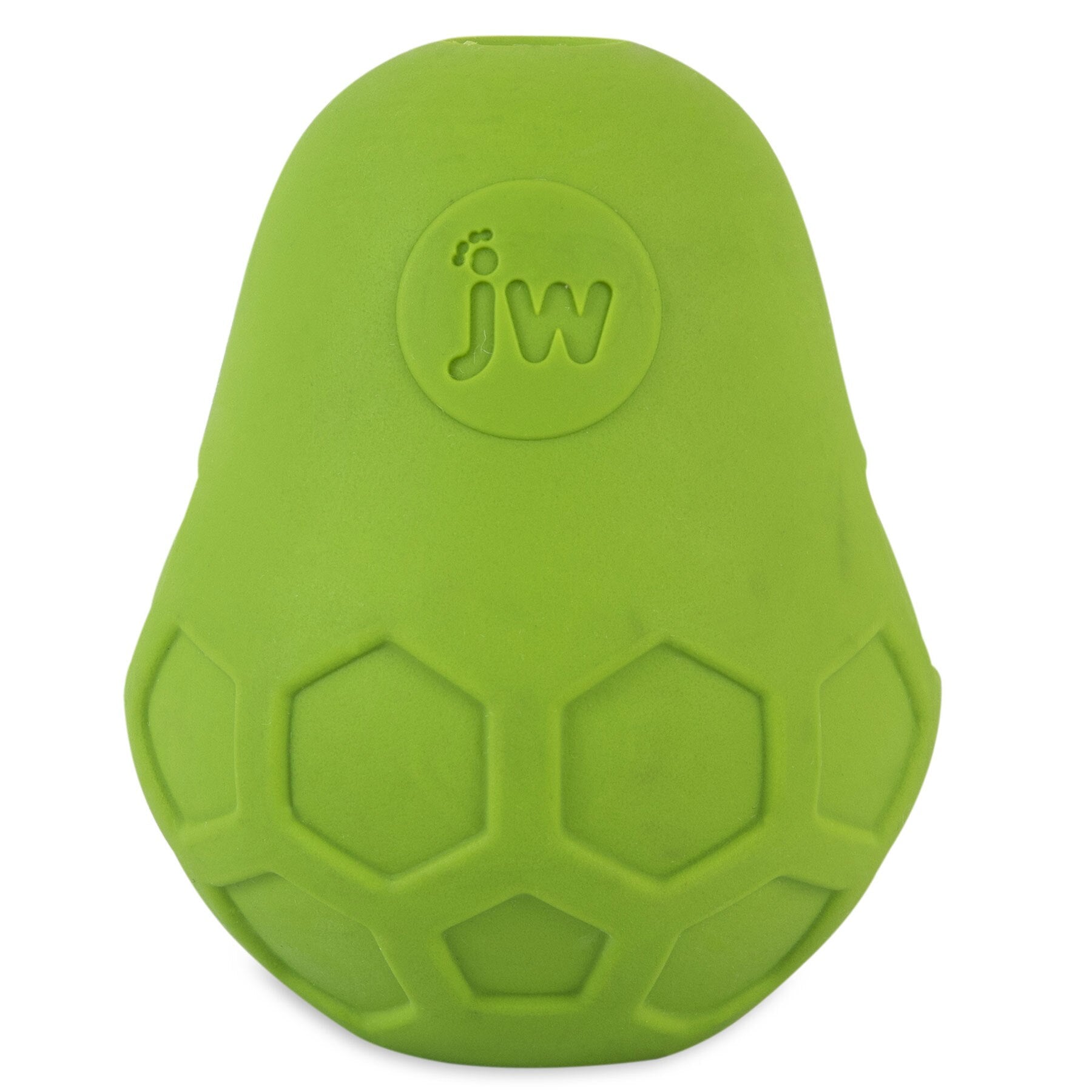 A green pear-shaped rubber dog toy, echoing the playful spirit of an iSqueak Bone Dog Toy, features a textured hexagonal design and jw embossed on top. Part of the JW Small Dog Toy Bundle by Jw.
