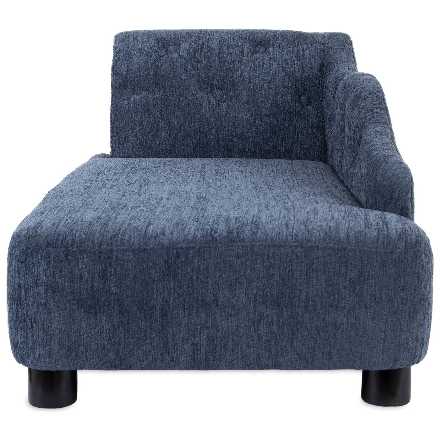 The La-Z-Boy Solana Chaise Sofa Pet Bed, by La-Z-Boy, is a modern blue-gray pet lounger with rounded black legs and a low backrest. Its tufted fabric design offers a cozy elegance, perfect for large breed dogs seeking comfort after playtime.