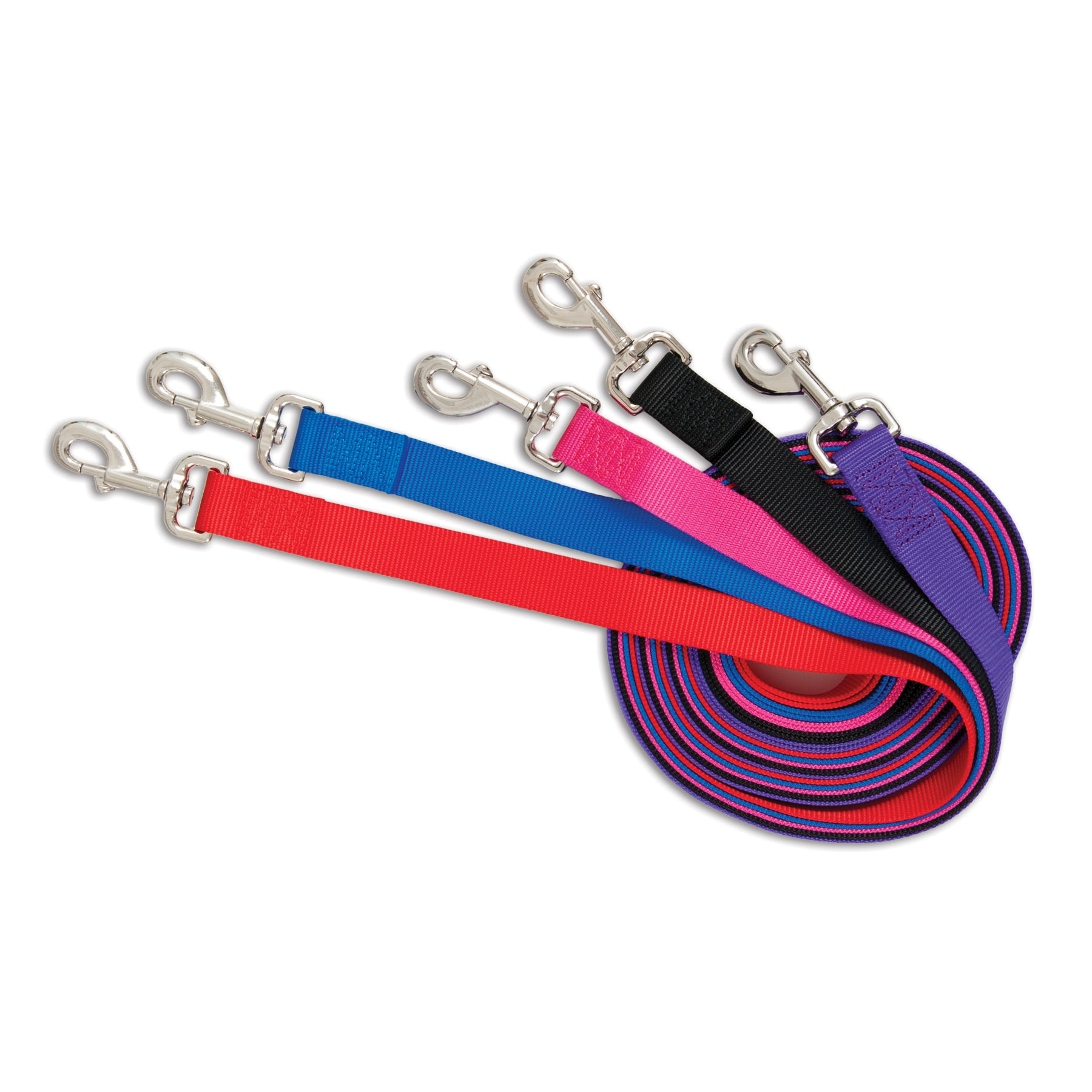 Five nylon Pet-mates Standard Core Dog Leashes in red, blue, black, pink, and purple are displayed side by side with durable hardware; one end is coiled while clasps on the other end face forward.
