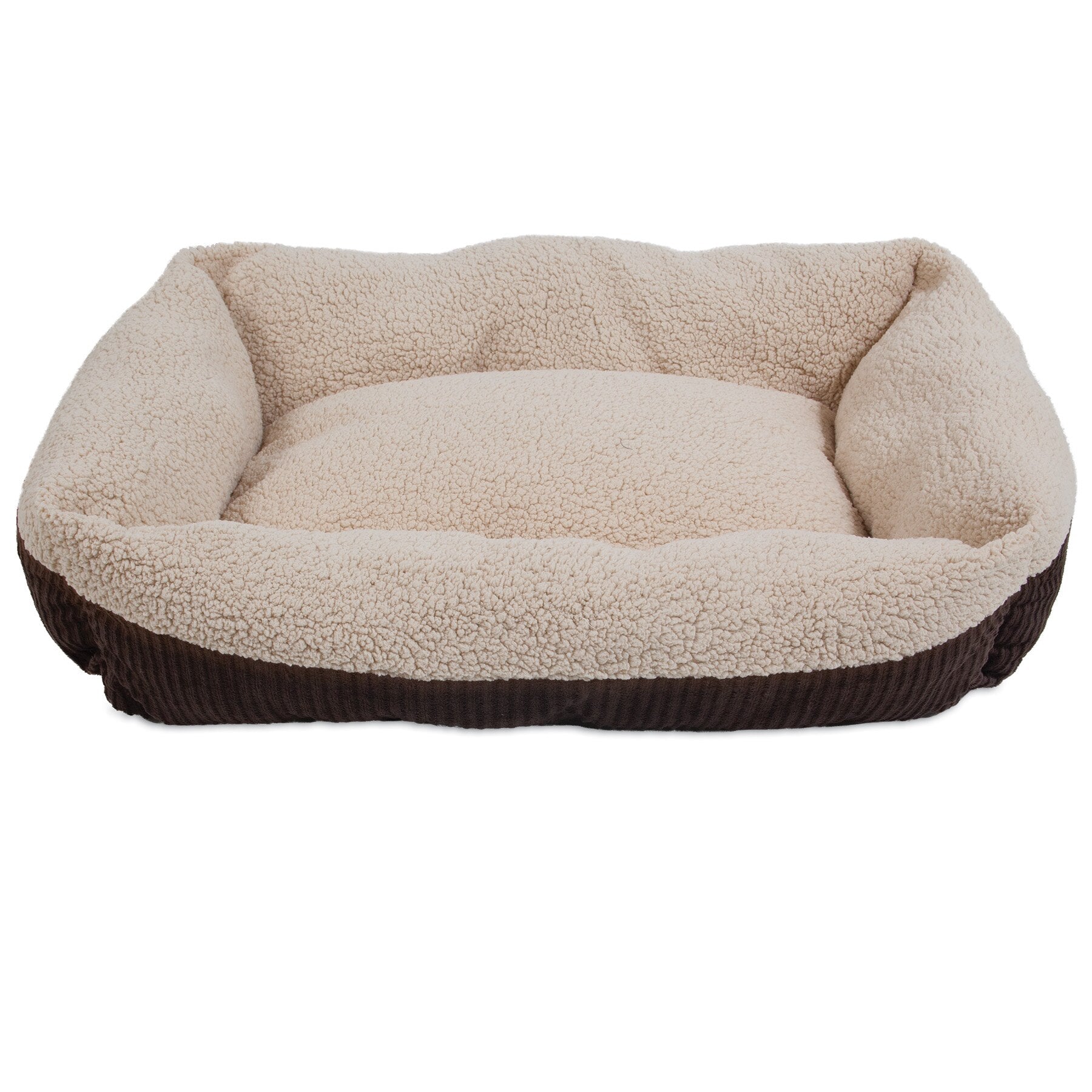 The Aspen Pet Self-Warming Dog Bed is a rectangular, cream-colored pet bed with a lambswool plush texture and raised edges. Its dark brown exterior contrasts beautifully with the light interior, providing warmth and comfort for small to medium pets while remaining cozy and stylish.