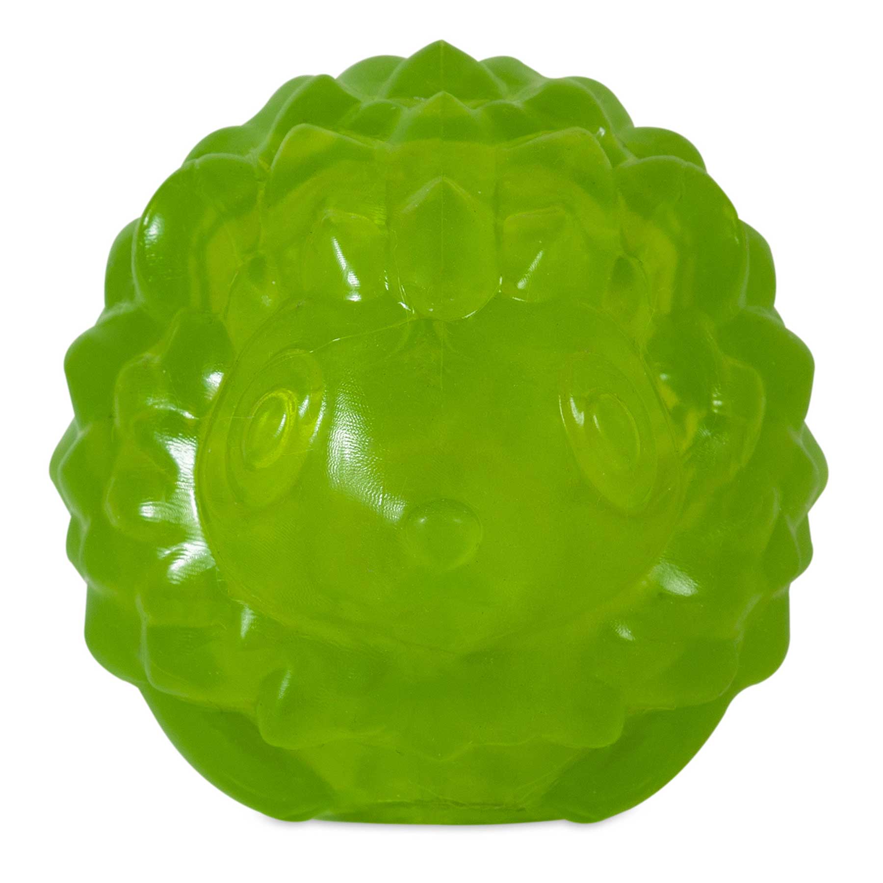 The JW Hedgehog Squeaky Ball Dog Toy by Jw is a bright green, translucent stylized hedgehog with a smooth, rounded body and raised spike patterns. Made of durable rubber, it features visible facial features and safe-squeaker technology, making it perfect for small dogs seeking endless fun.
