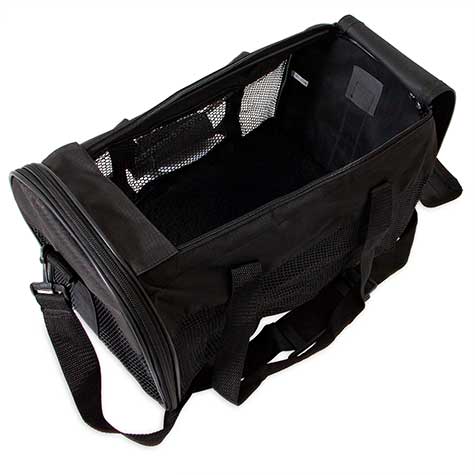 The Pet-mates Soft Sided Kennel Cab, by Pet-mates, is a black pet carrier with mesh sides and a zippered top opening. Ideal for airline travel, it ensures portability with both a shoulder strap and carry handles. Its spacious interior is perfect for small pets.