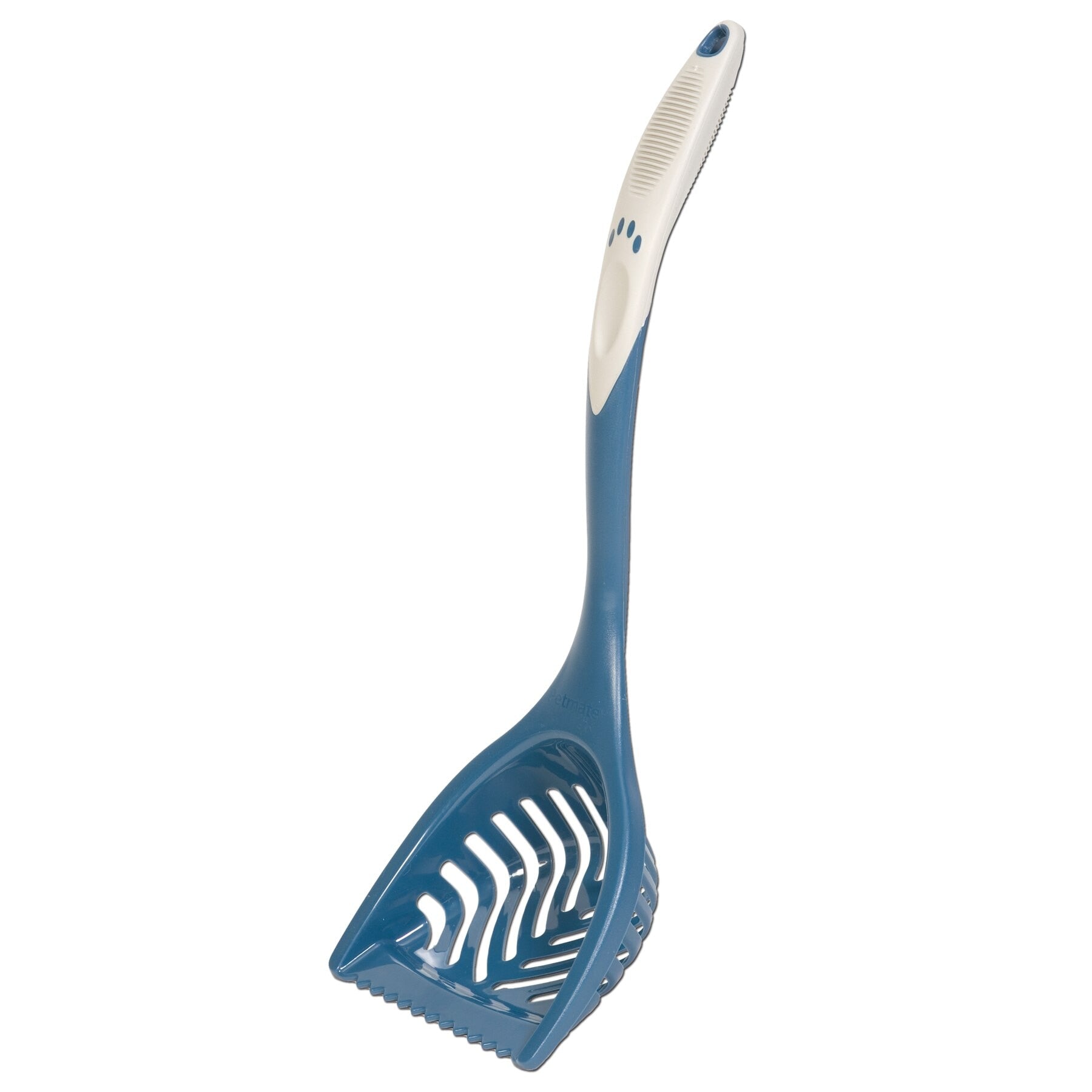 The Pet-mates Ultimate Litter Scoop, by Pet-mates, features a blue plastic design ideal for sifting. It has an extra-long handle with a white grip for easy use. Perfect as a cat litter scoop or pet cleaning tool, its slotted structure ensures efficiency.