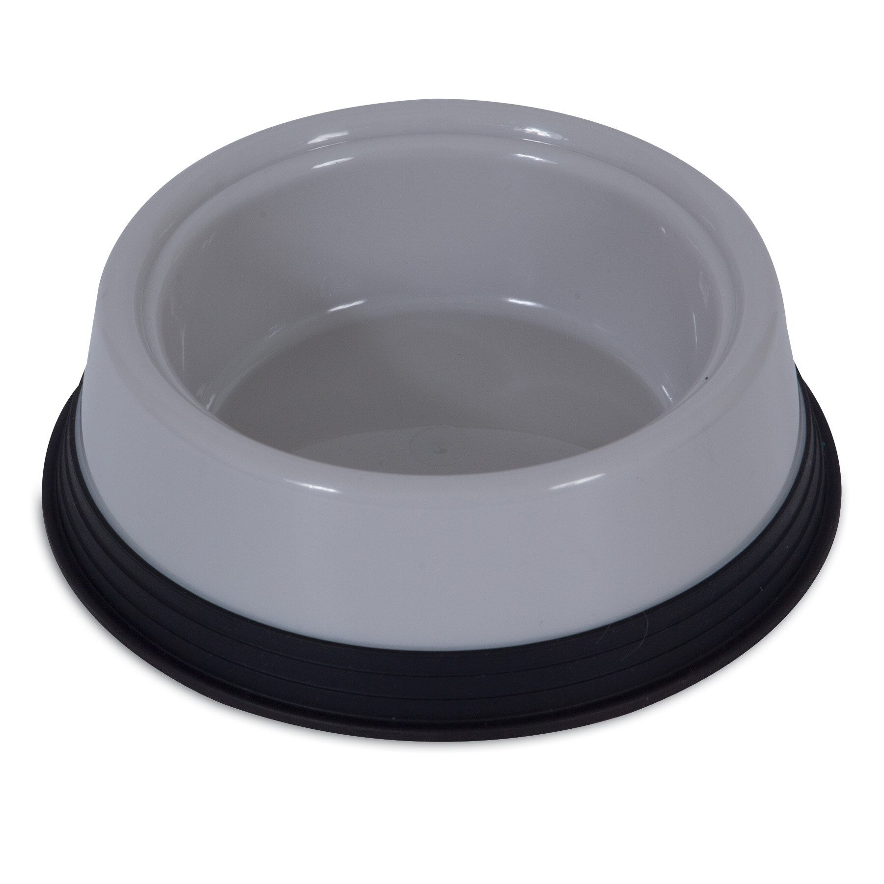 A top-down view of the JW Skid Stop Basic Bowl by Jw on a white background shows its black non-slip rubber base, keeping pet mealtime tidy and secure.