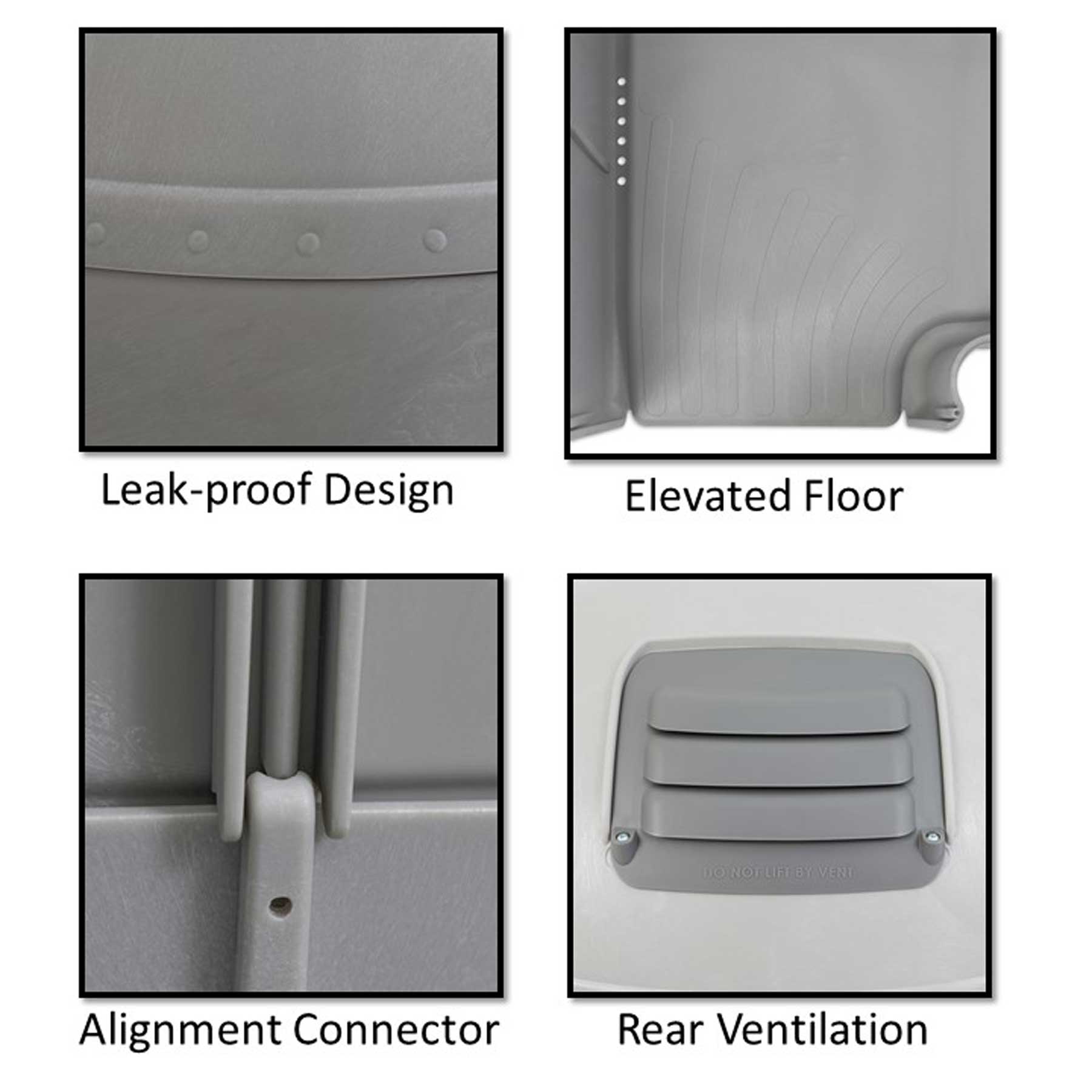 The Pet-mates Husky Dog House image collage features: Leak-proof Design with a seam close-up, Elevated Floor for outdoor shelter with floor ridge, Alignment Connector with connector detail, and Rear Ventilation showing vent slats.