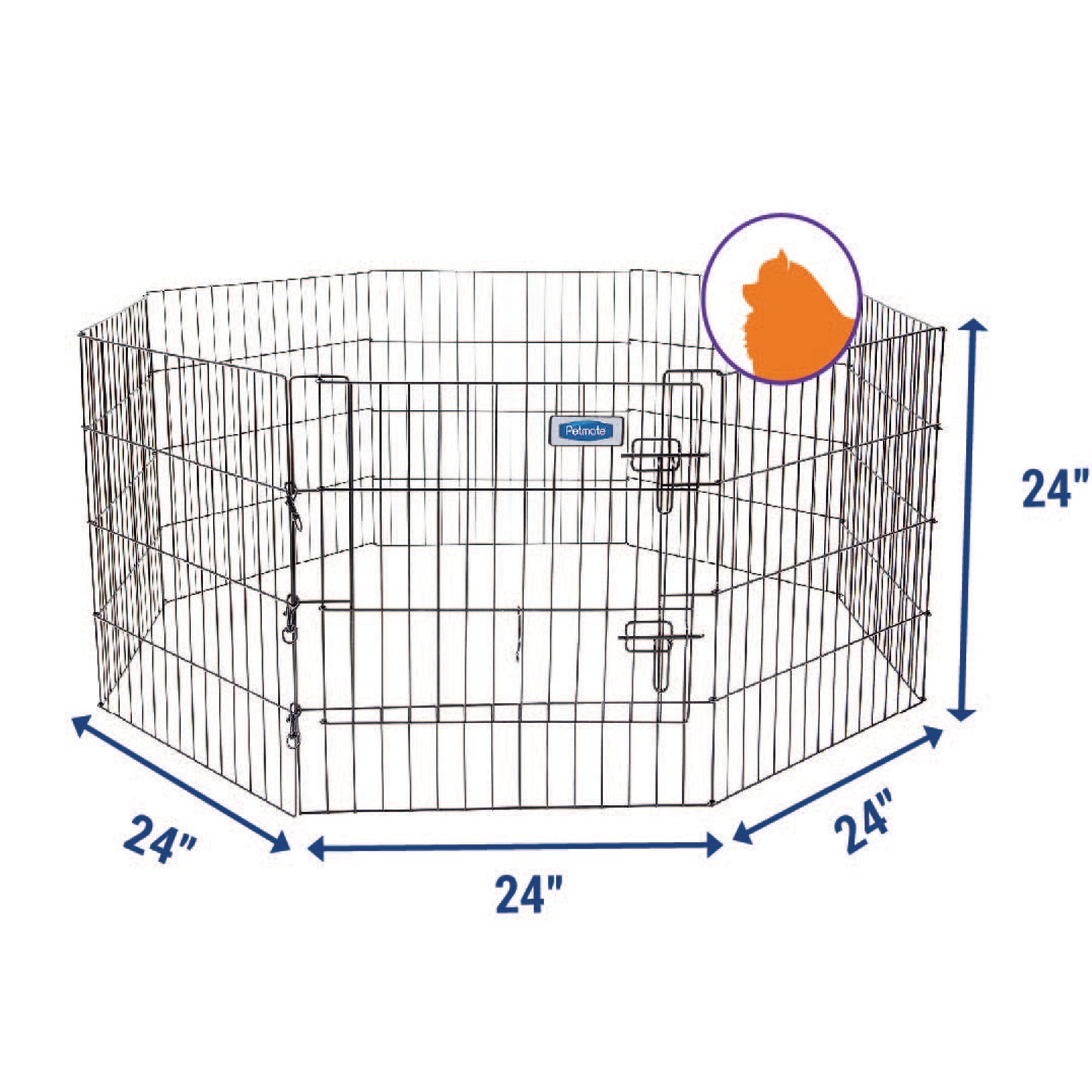The Pet-mates Single Door Exercise Pen by Pet-mates is a durable wire pen with eight 24-inch panels that form an octagon. It features a latched gate for easy access and a dog silhouette circle at the top right, making it perfect for indoor and outdoor use.