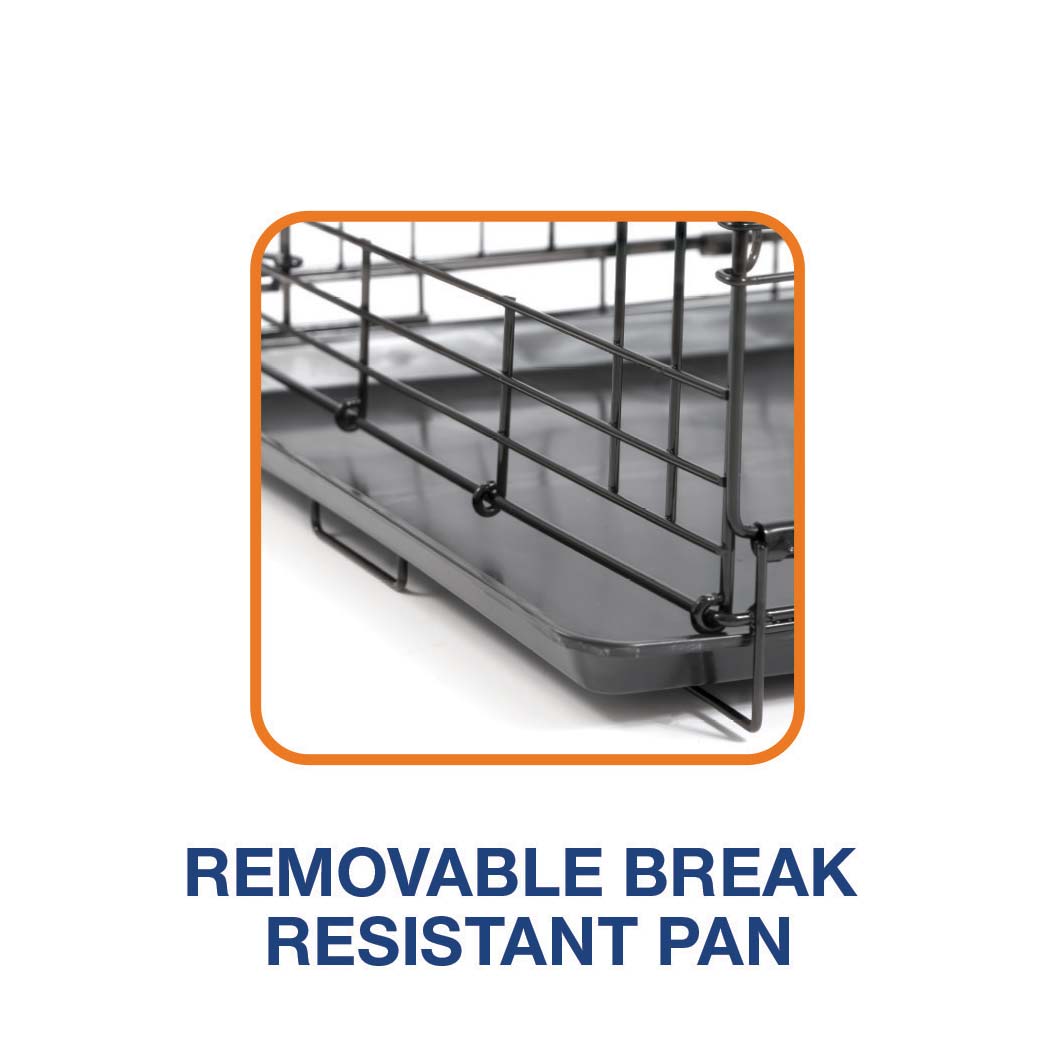 Close-up of the Pet-mates 2 Door Wire Puppy Crate featuring a metal grid and a removable, break-resistant black pan. Ideal for house training, this Pet-mates crate offers durability with its expertly designed base.