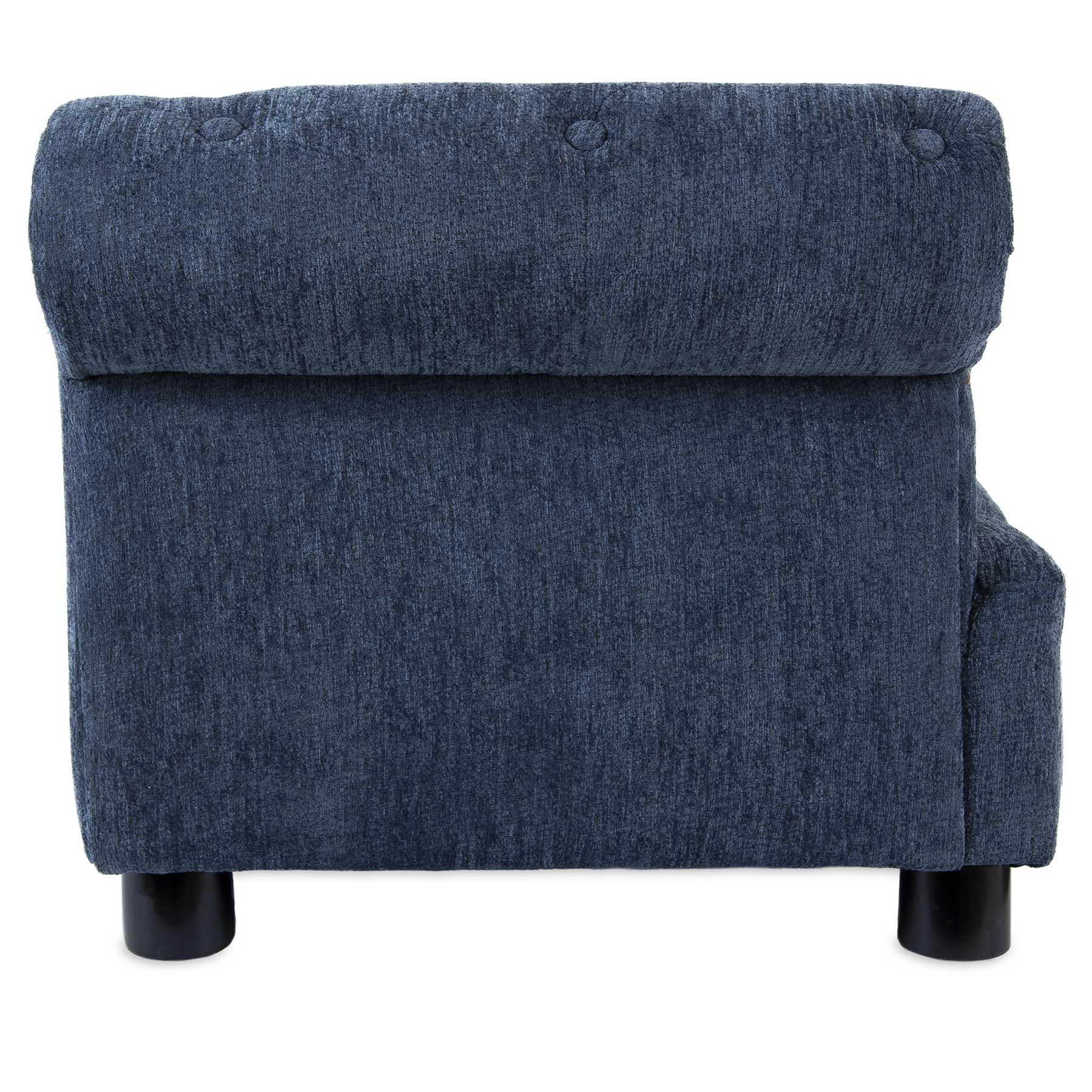 Back view of the La-Z-Boy Solana Chaise Sofa Pet Bed in dark blue with a textured finish, featuring a rounded backrest with small button details and short black cylindrical legs, ideal for both humans and large breed dogs.