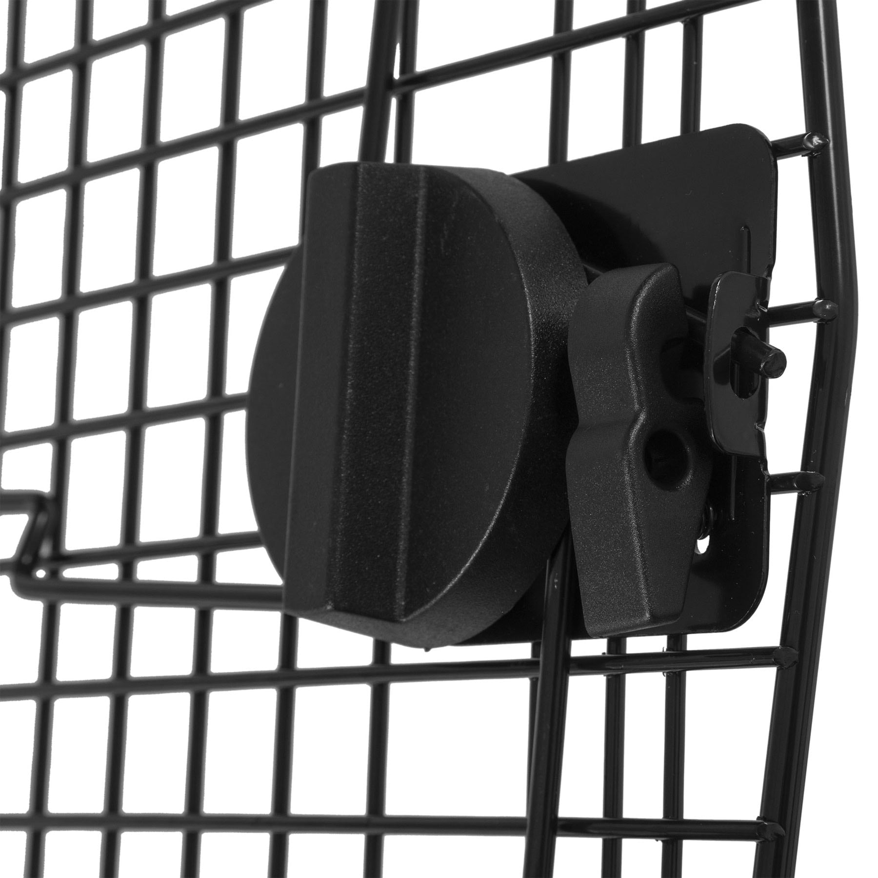 Close-up of a circular black latch mechanism on the wire grid structure of a 36 Sky Kennel Replacement Door by Pet-mates, featuring a secure 4-Way Locking Vault for added safety and reliability.