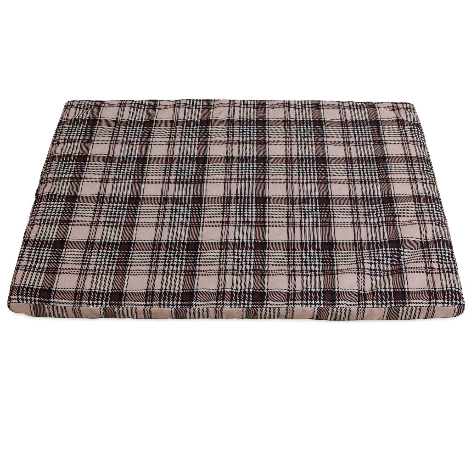 The Aspen Pet Small Plaid Orthopedic Bed features a removable cover with a stylish plaid design in black, brown, and beige on white, offering convenience and versatility for any space.