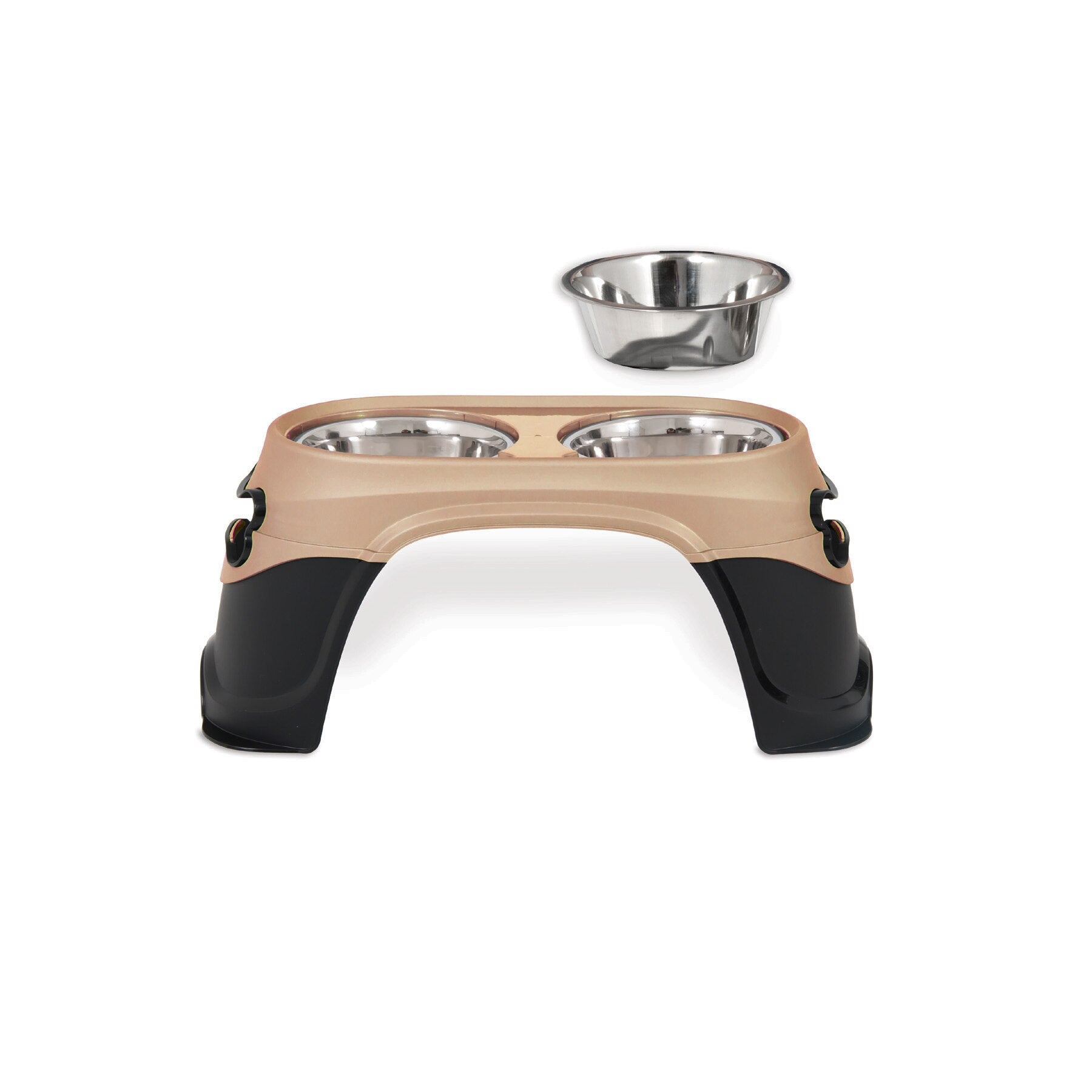 The Pet-mates Easy Reach Diner by Pet-mates is an elevated beige and black pet feeder with two stainless steel bowls, ideal for large breed dogs to aid digestion. An extra identical bowl sits beside the station, making it suitable for both dogs and cats.