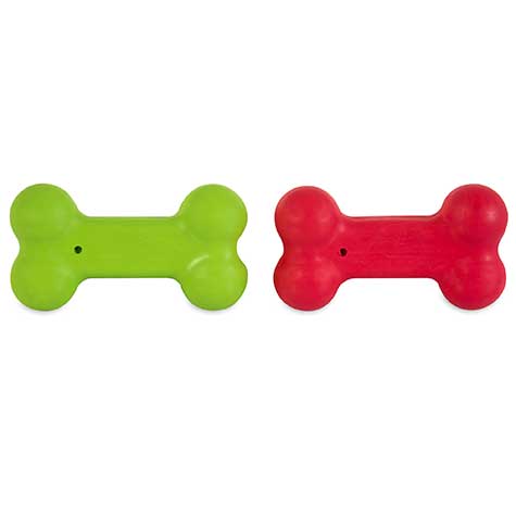 The JW ISqueak Bones Dog Toys 2-pk from Jw, featuring durable rubber and safe squeaker technology, includes two bones displayed on a white background; one green and one red, each with a small central hole.