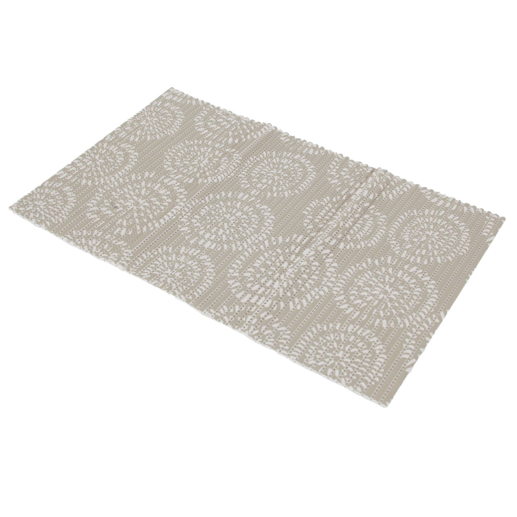 The Pet-mates Ribbed Foam Feeding & Watering Mat in beige features intricate white mandala-like spirals. It enhances any space with its textured surface and non-skid backing, ensuring stability and style.