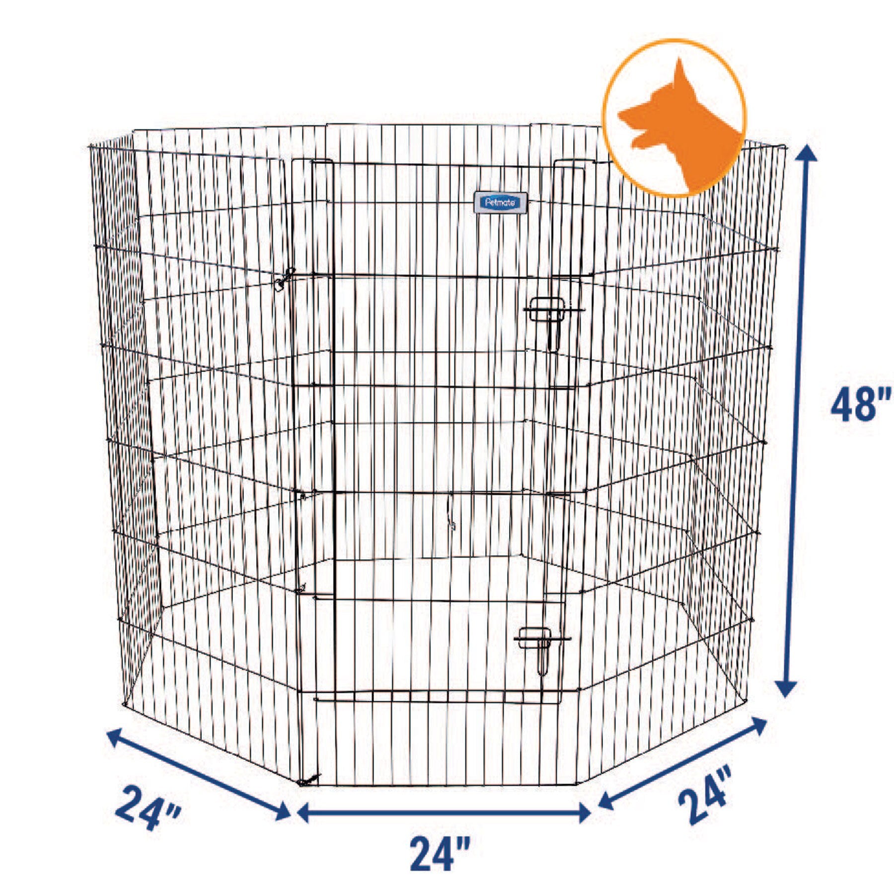 The Pet-mates Single Door Exercise Pen by Pet-mates features durable panels, each 24 inches wide and 48 inches tall, forming an octagonal shape. A dog silhouette in the top right corner highlights its portability and suitability for dogs.