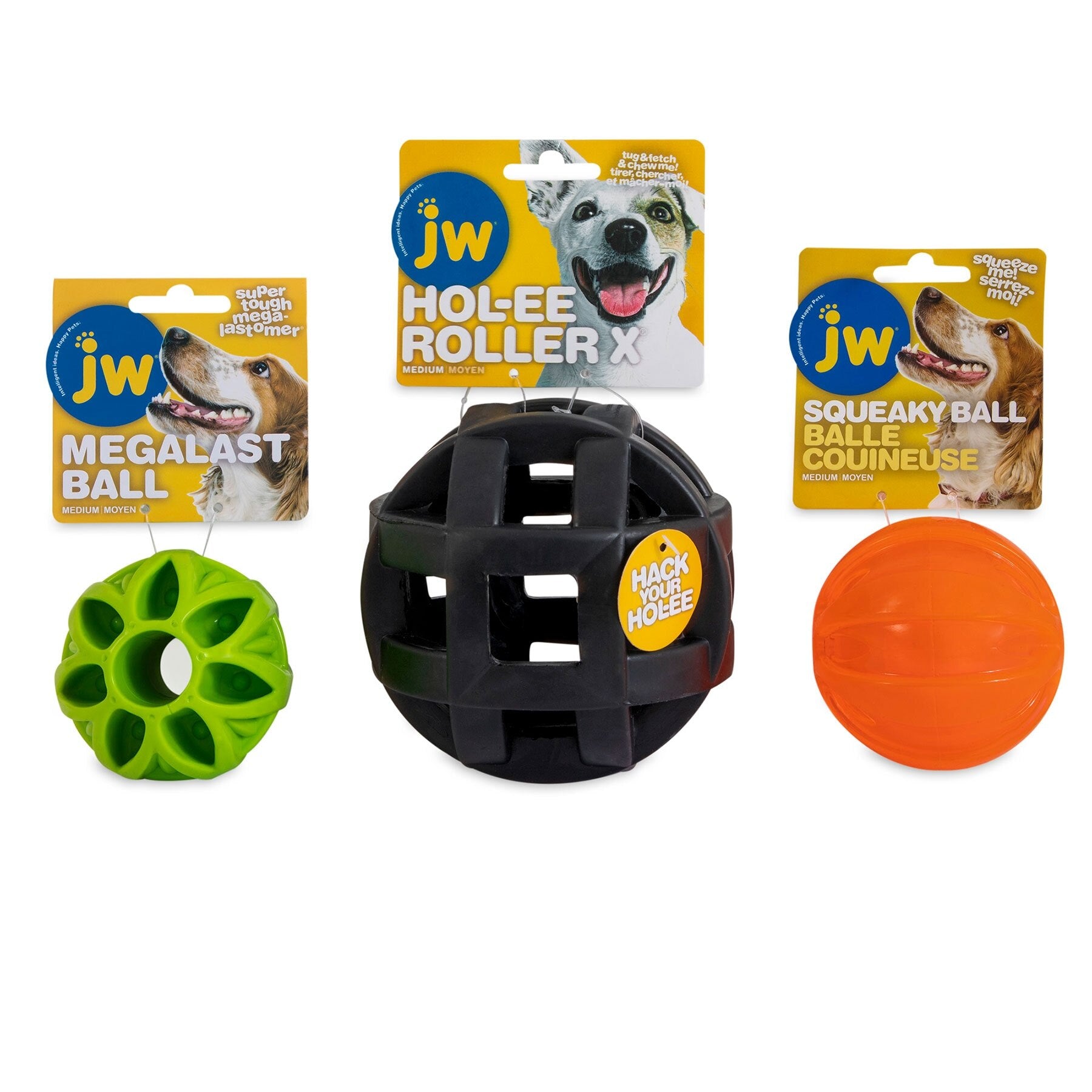 Displayed are three JW Chew-ee Dog Toy Trio items: a green Megalast Ball, a black Holee Roller X, and an orange Squeaky Ball. Packaged with the JW logo and dog image, they are perfect for playful pups.
