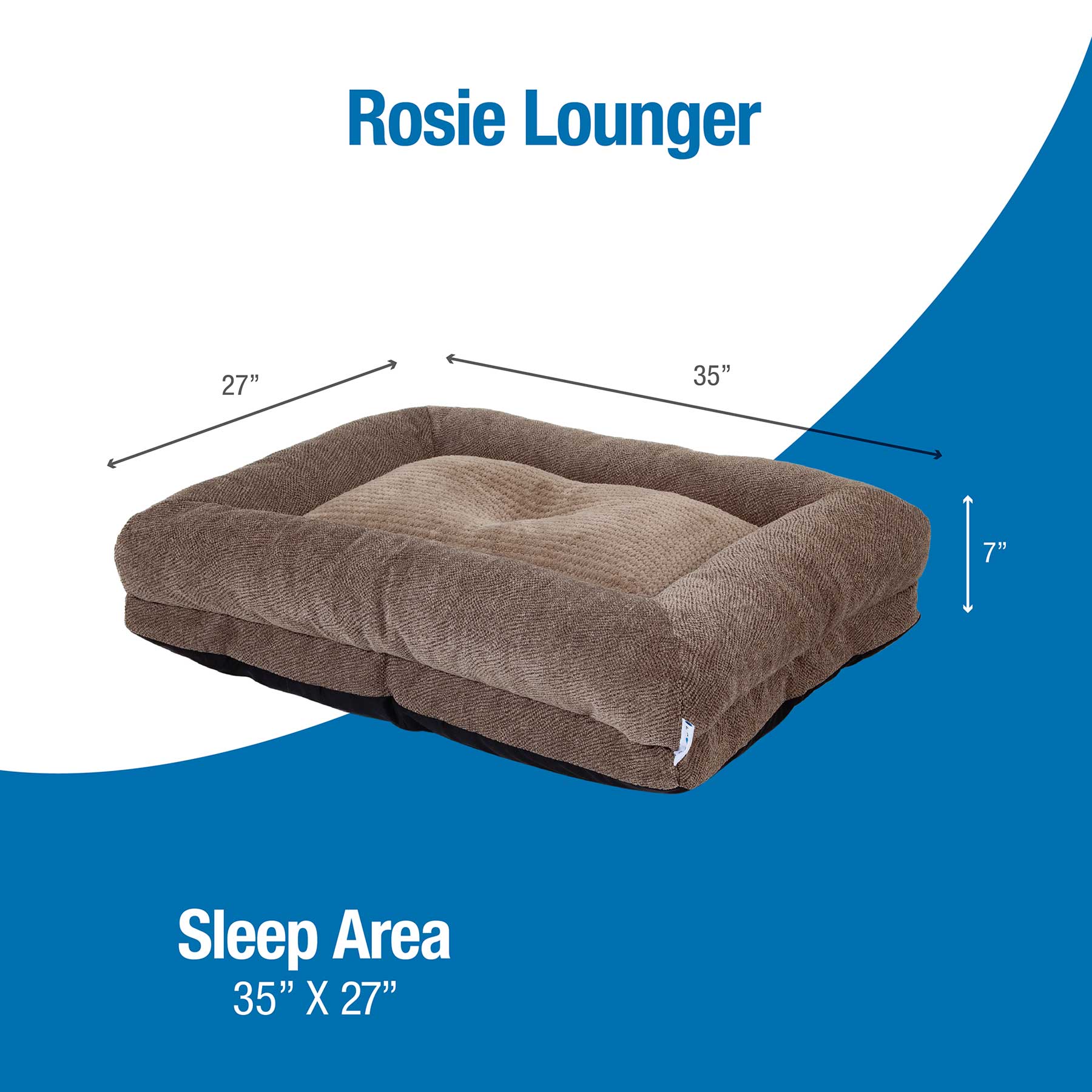 Image of the La-Z-Boy Greystone Taupe Rosie Lounger Dog Bed: a cozy rectangle designed for medium breeds. The ComfortSelect design ensures relaxation with dimensions of 35 x 27 x 7. Set against a blue and white background, it highlights the generous Sleep Area of 35 x 27.