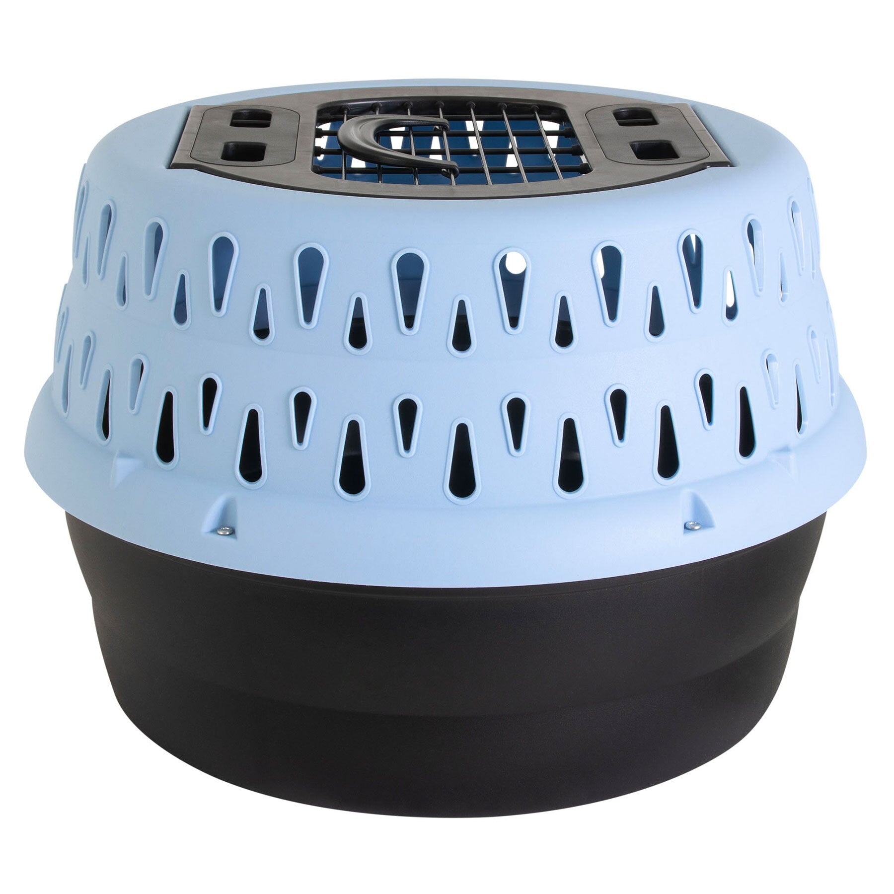 The Pet-mates Get-A-Round E-Z Load Kennel For Cats features a black base, light blue ventilated top with teardrop-shaped holes, and a secure grated top door, providing cats with a safe and comfortable travel space.
