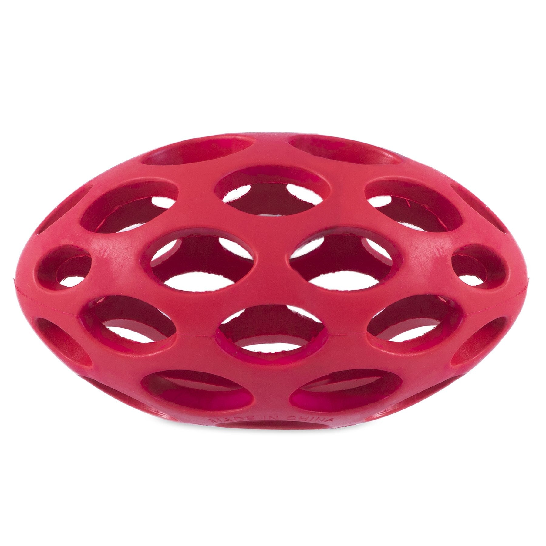 The JW Hol-ee Football Dog Toy by Jw is a red, oval-shaped, durable rubber toy with large lattice holes for easy gripping and interactive play.