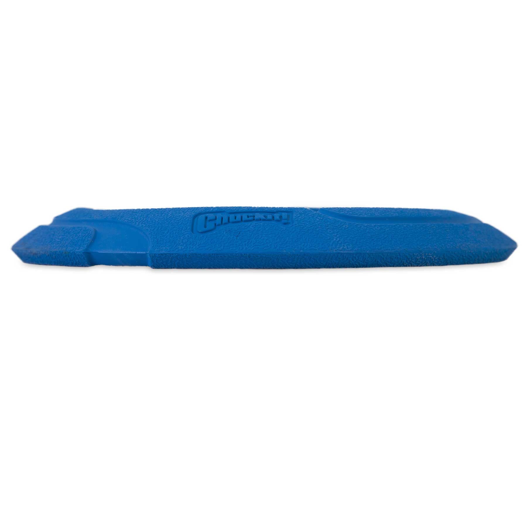 A durable blue plastic tire lever with a textured surface and rubber edge, perfect for removing bicycle tires. The pointed end enhances functionality, while Chucky is embossed at the center, evoking the Chuckit! Ultra Flight toy by Chuckit.