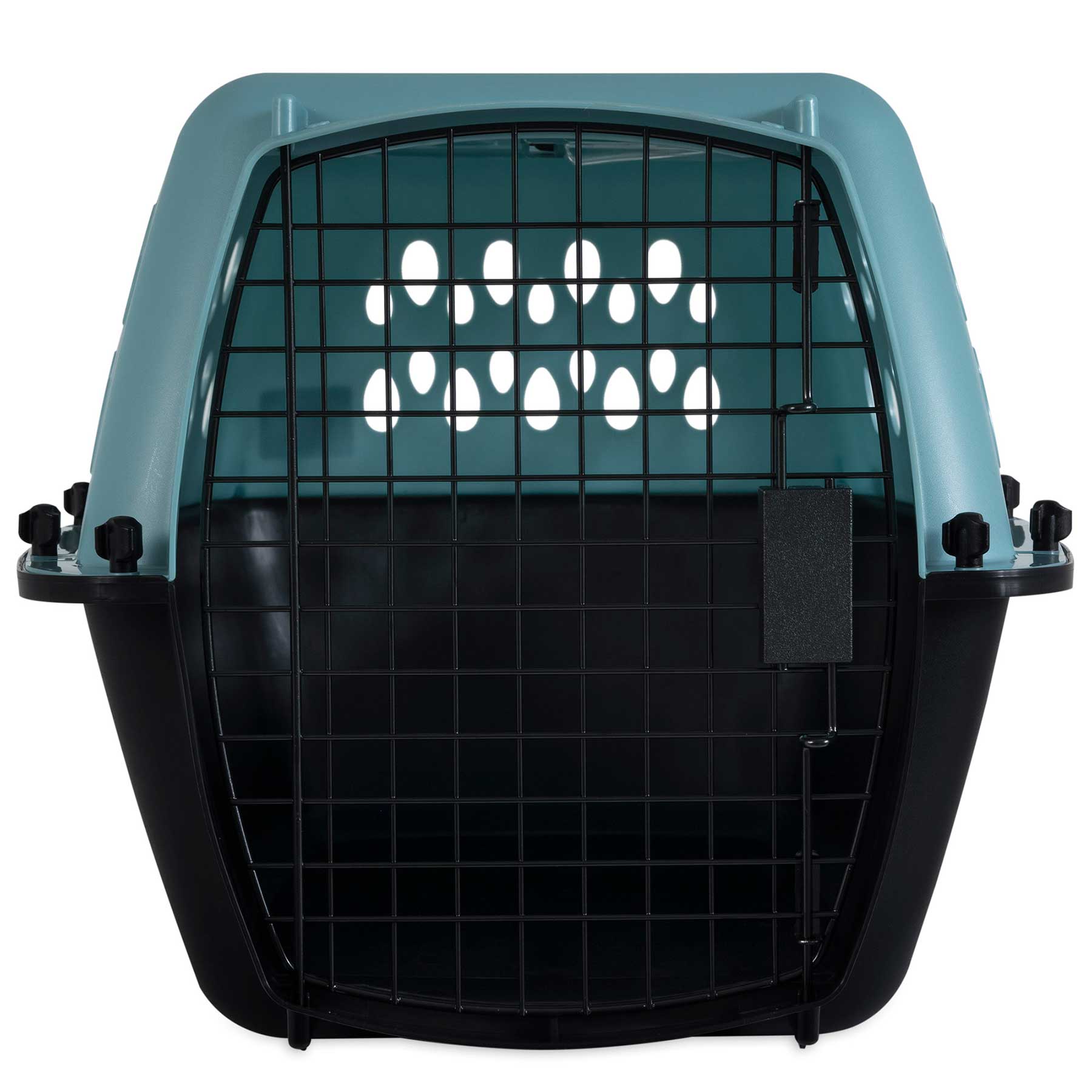 The Pet-mates Fashion All Purpose Vari Kennel by Pet-mates features a black base, teal top, metal front door, and ventilation holes—ideal for small dog carriers or pet travel. Shown empty from the front against a white background.
