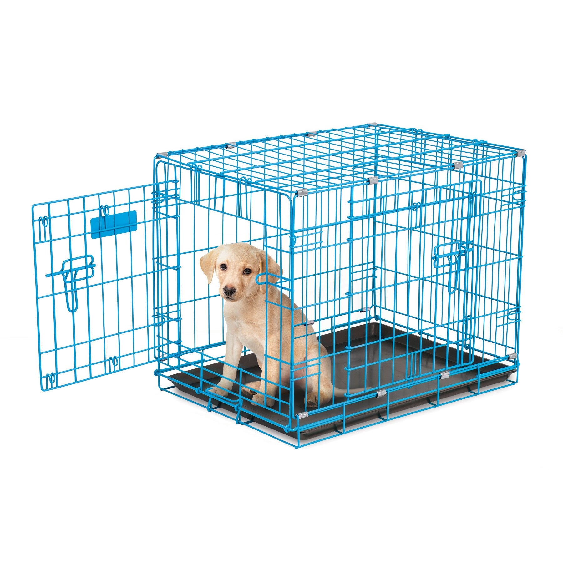 A small, light-colored puppy sits calmly in a Pet-mates 2 Door Wire Puppy Crate with an open door. The blue metal crate has a black base and is set against a white background. The puppy gazes slightly to the side, ready for house training adventures.