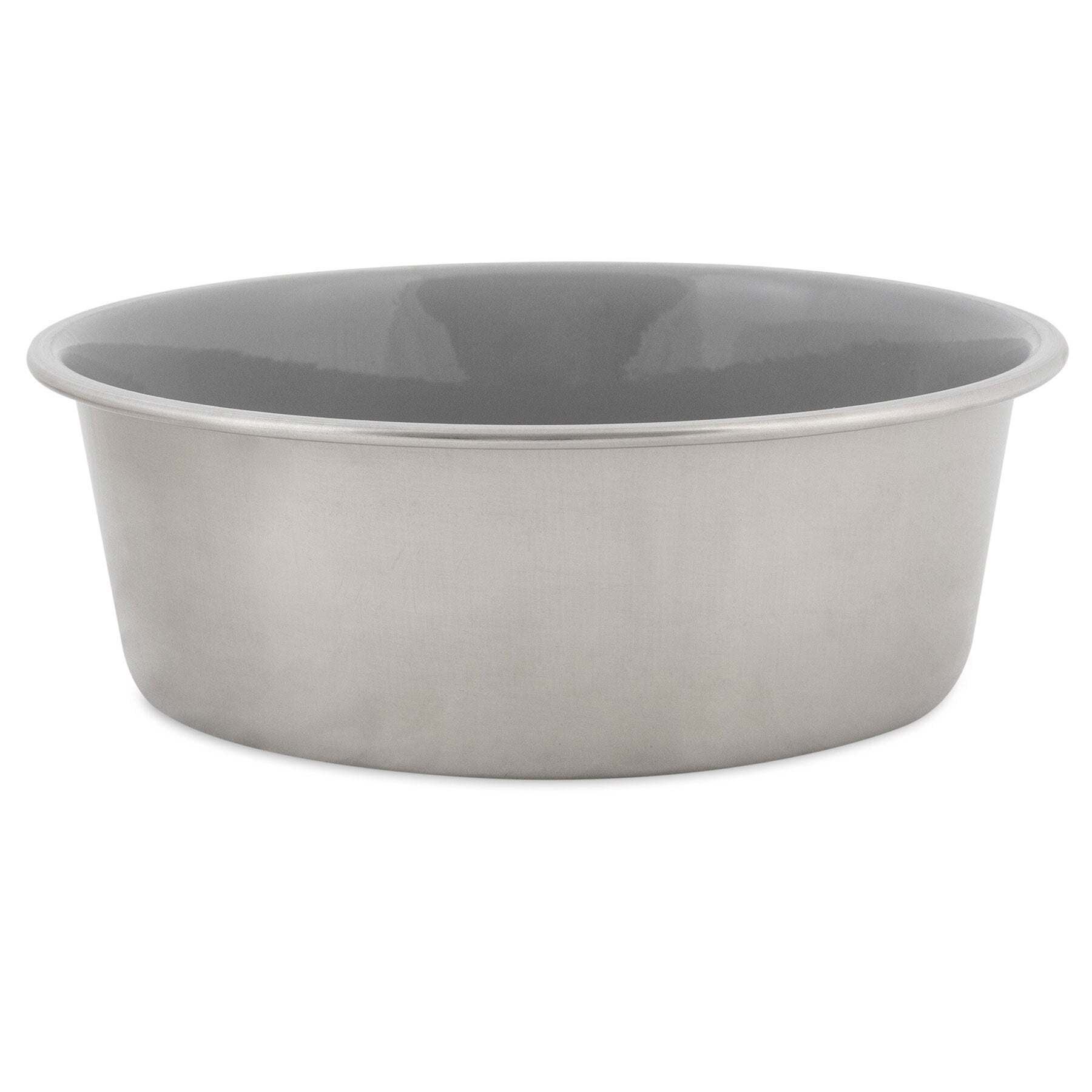 The Pet-mates Painted Stainless Steel Pet Bowls feature a rust-resistant stainless steel build with a shiny exterior and dark gray interior, complete with non-skid feet for stability, showcased elegantly against a white background.