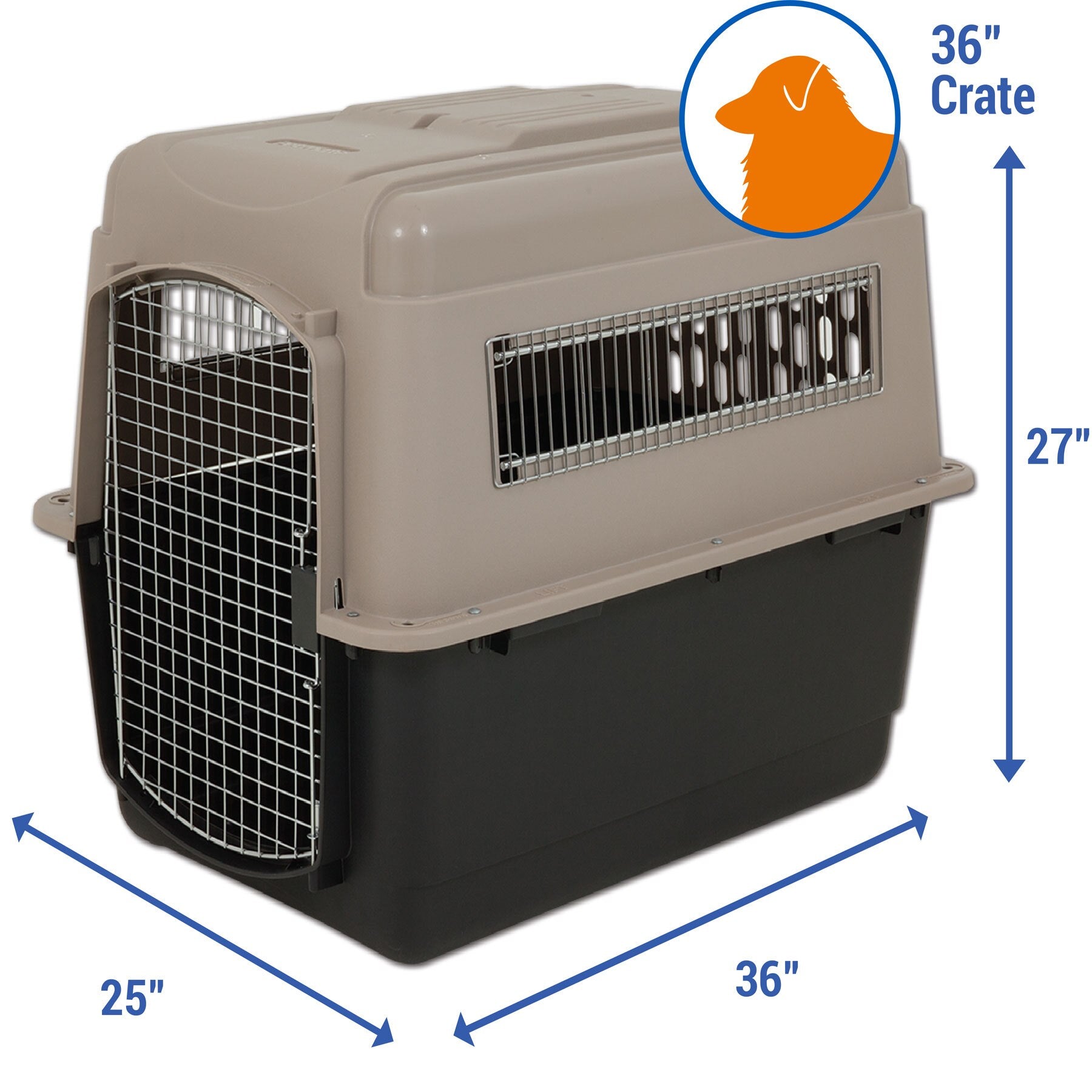 The Pet-mates Traveler - Ultra Vari Kennel by Pet-mates is a large, durable pet carrier (36L x 25W x 27H) with a metal door, side vents, orange dog head design, and “36 Crate” label—ideal as an airline-approved crate for stress-free pet travel.