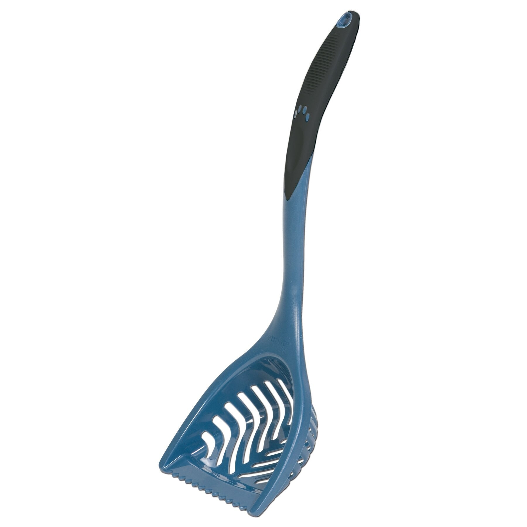 Introducing the Pet-mates Ultimate Litter Scoop by Pet-mates: a blue plastic scoop featuring an extra-long handle with a black grip and chevron-shaped slots for efficient sifting. This indispensable tool is specifically designed to make cleaning litter boxes easier.