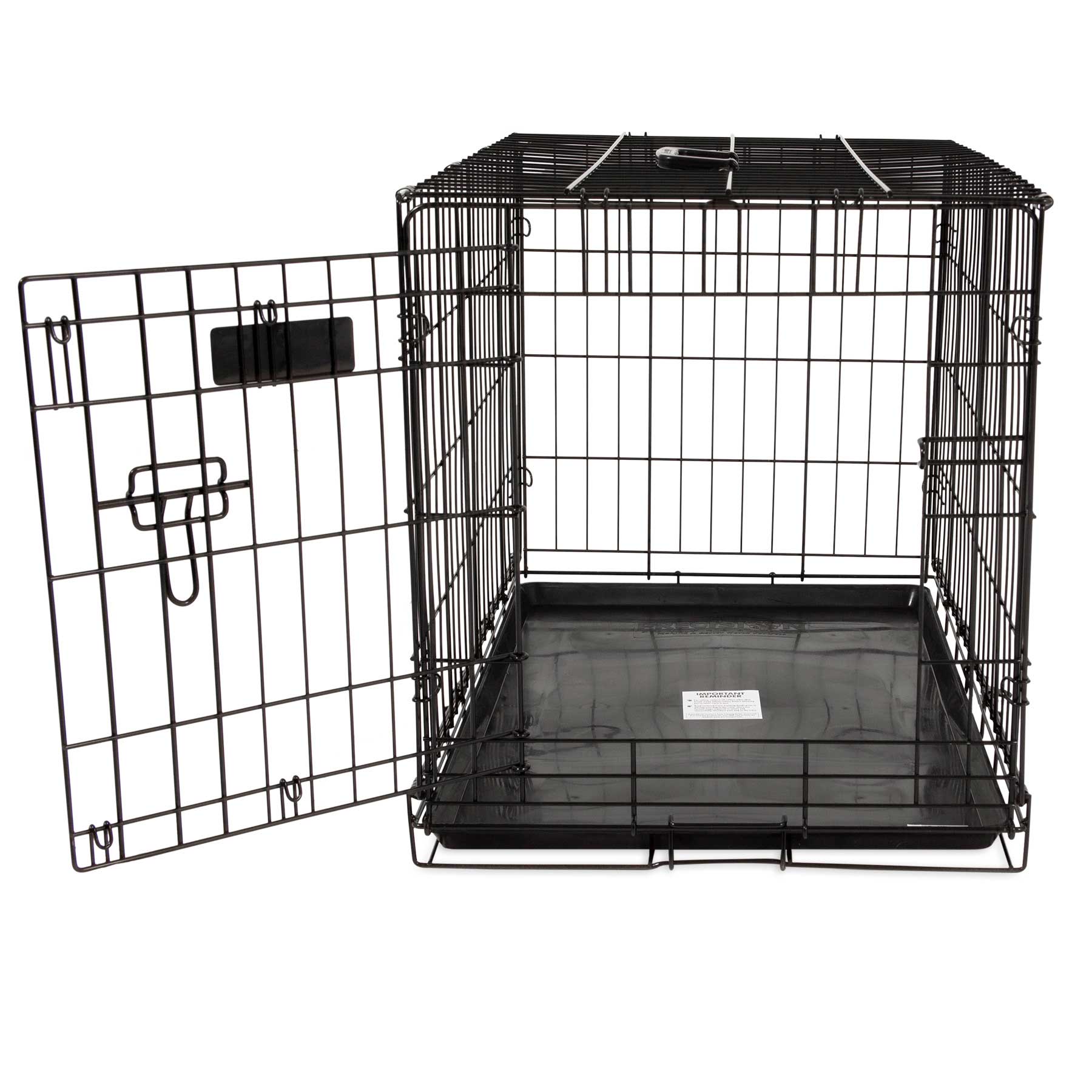 The Precision Pet ProValu 1 Door Wire Crate by Precision Pet Products features a rust-resistant, sturdy wire construction in black metal. Its rectangular shape includes a removable tray for easy cleaning, and the 5-Point Locking System ensures secure latching.