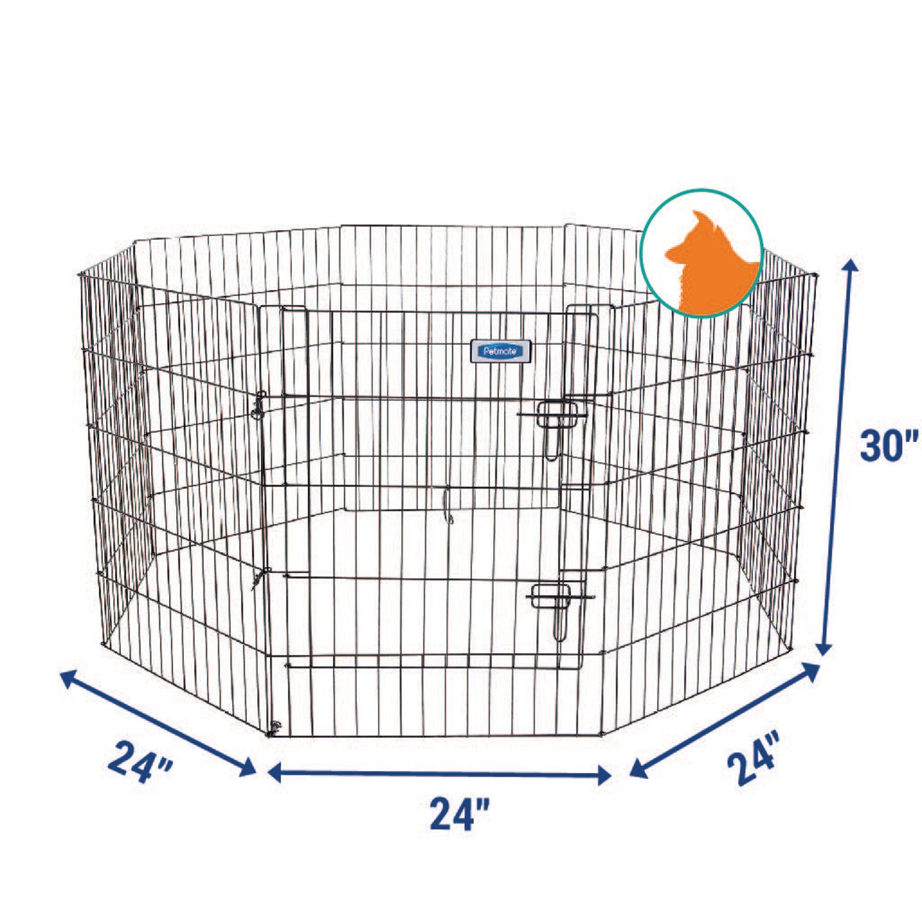 The Pet-mates Single Door Exercise Pen by Pet-mates features eight 24W x 30H durable panels, making it ideal for small to medium pets. It includes a secure gate with latch and has a dog head icon on the top right, emphasizing its purpose as a portable pet pen.