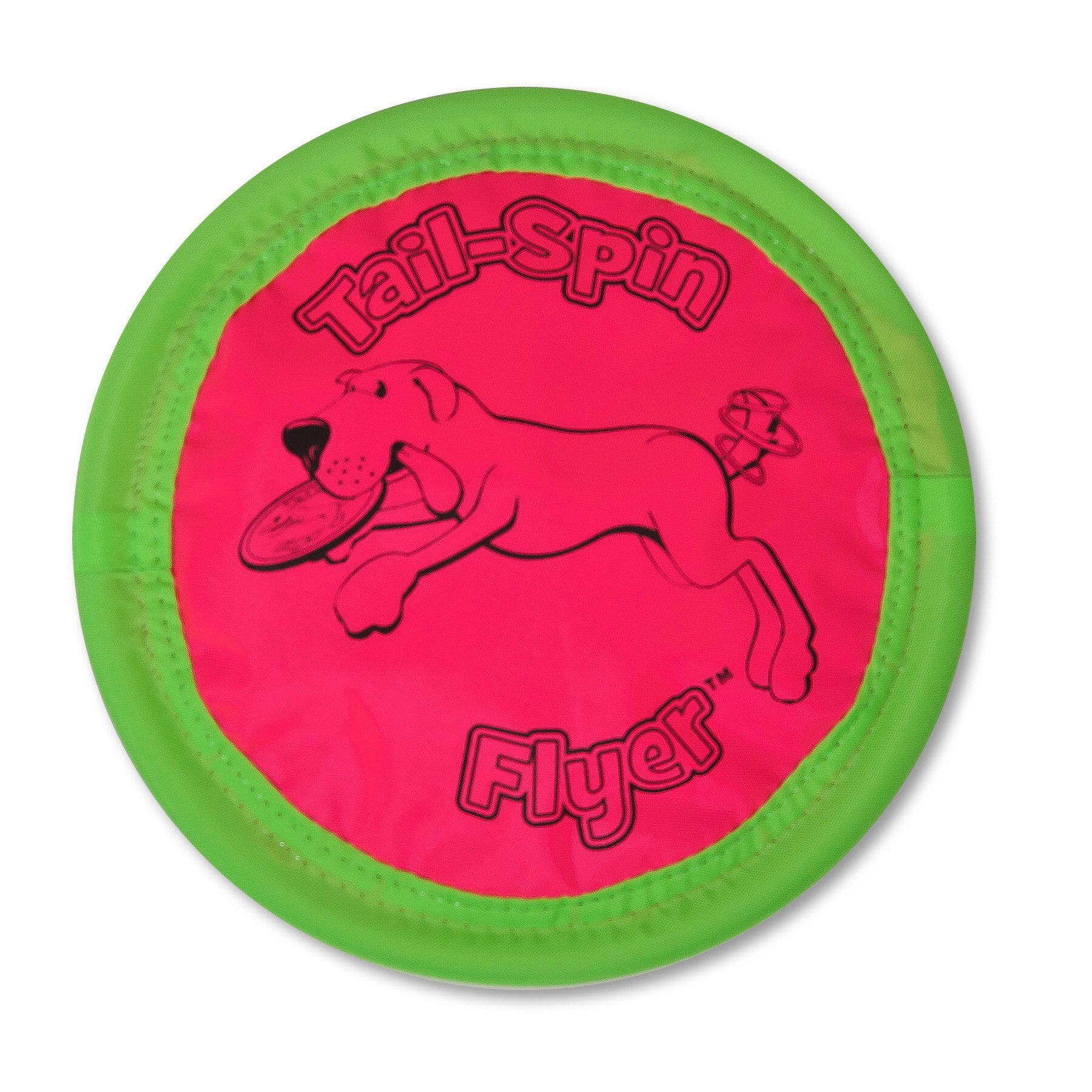 The Pet-mates Booda Tail Spin Flyer by Pet-mates is a round, neon pink and green disc featuring a cartoon dog catching a frisbee, making it the perfect interactive fetch toy for your playful pup.