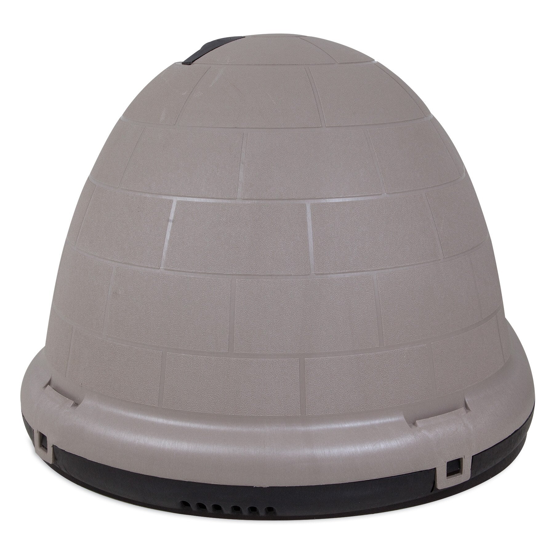 Introducing the Pet-mates Indigo Dog House: an igloo-shaped, pale gray haven for pets. Made from durable plastic with a subtle brick pattern and a sturdy black base, this charming outdoor shelter offers cozy comfort for small animals.