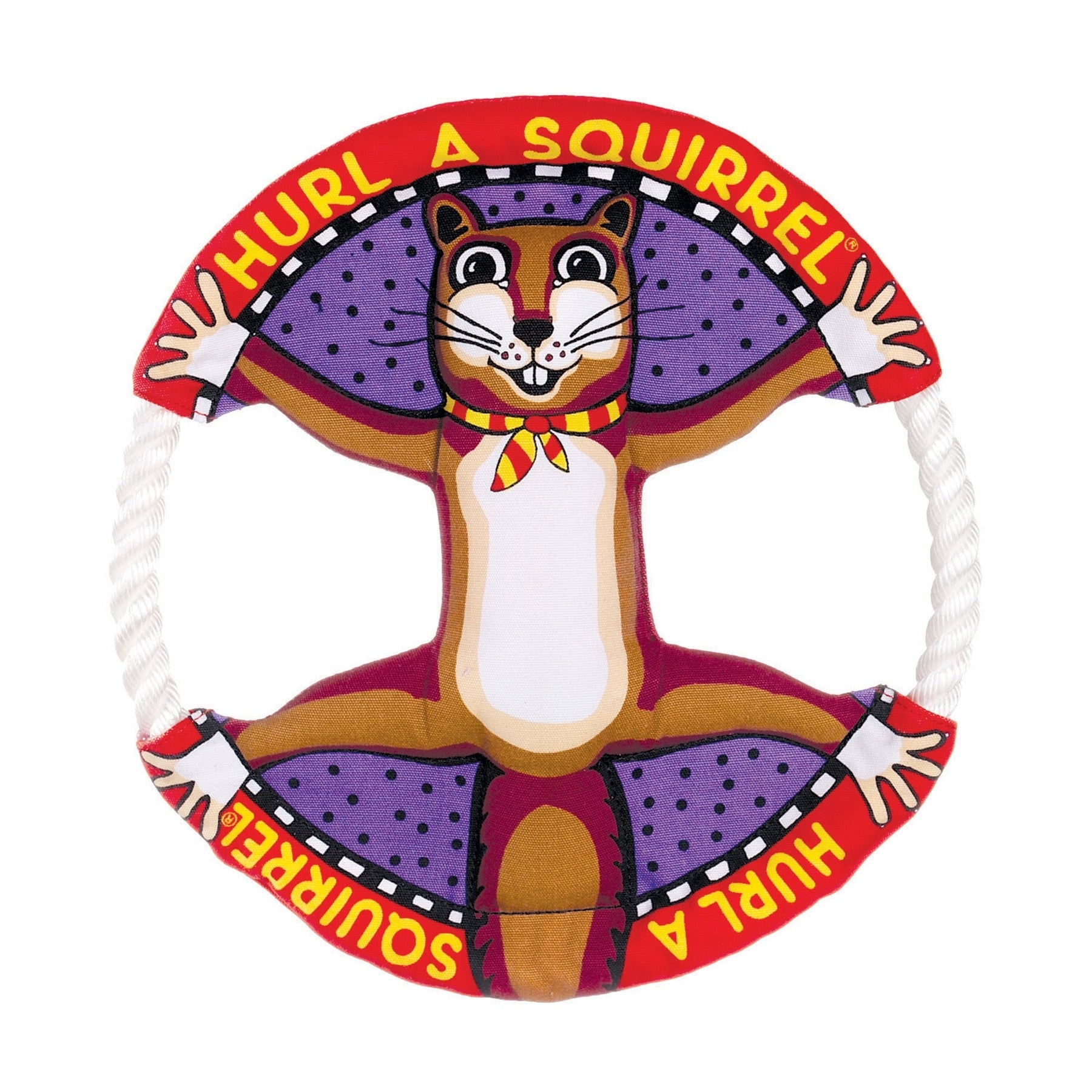 The Fatcat Classic Dog Toy Ring features a vibrant design with a cartoon squirrel and Hurl A Squirrel in red, along with two diagonal rope handles for durability.