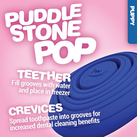 Image of a JW Puddle Stone Pop Puppy Teether Chew Toy on a pink background. This blue JW teething toy features grooves for water and toothpaste, offering gum relief, and includes instructions for dental cleaning to maintain your pups healthy teeth.