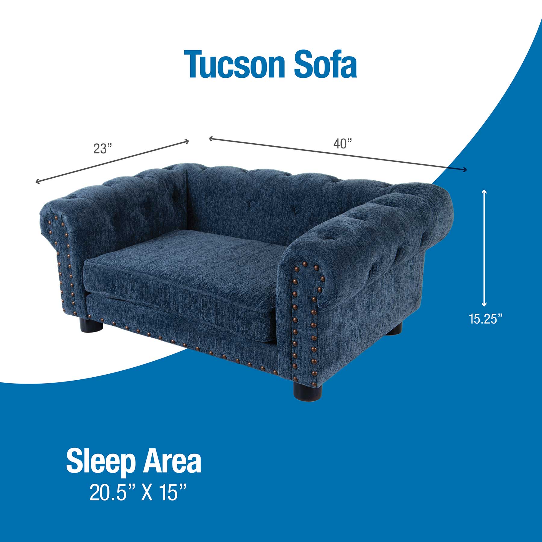Enjoy chic comfort with the La-Z-Boy Tuscon Sofa Dog Bed, featuring a blue tufted design and studded armrests. Measuring 40 W x 23 D x 15.25 H with a sleep area of 20.5 x 15, this stylish bed is perfect for your furry friend on a partly blue background with white text.