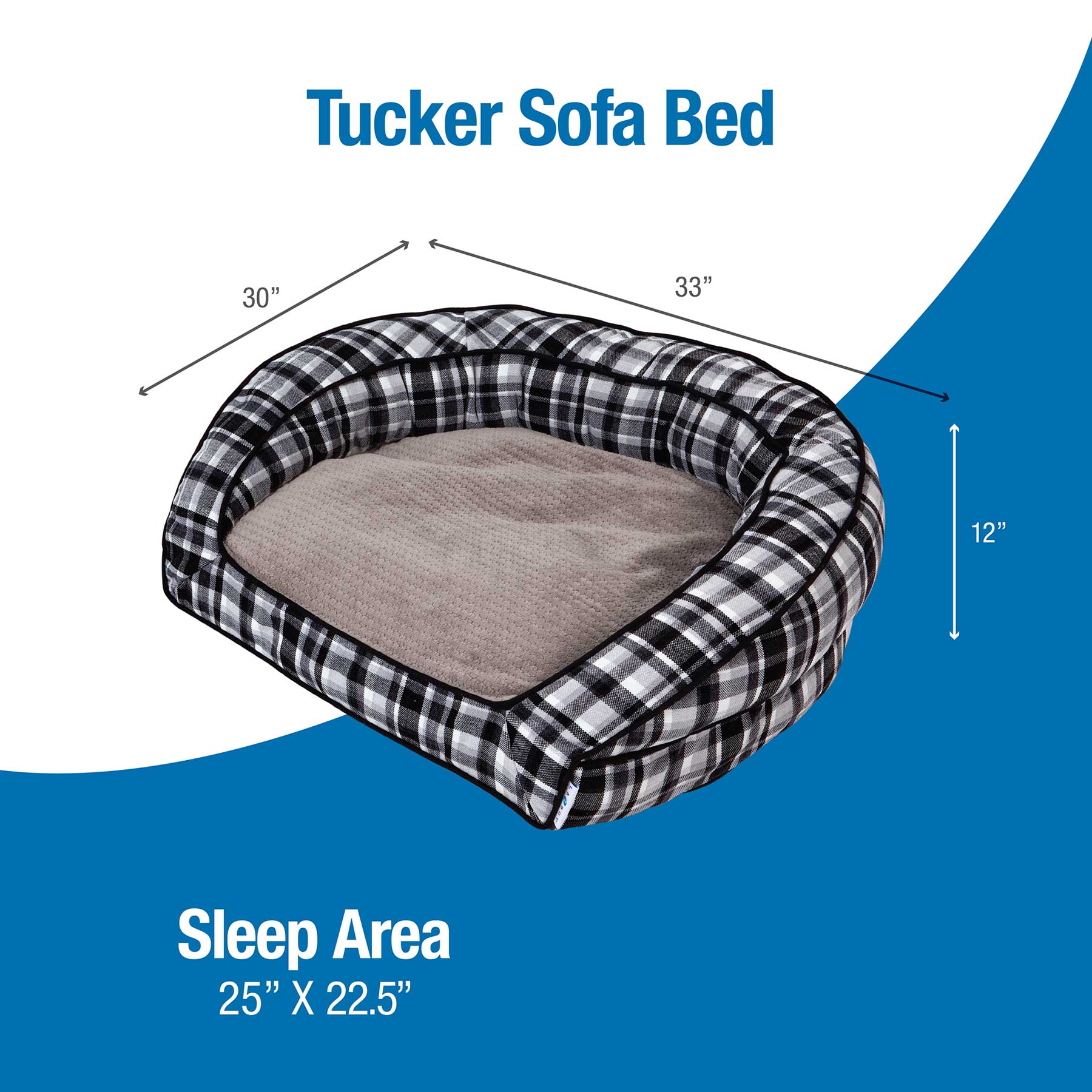 The La-Z-Boy Spencer Plaid Tucker Sofa Dog Bed, ideal for medium dogs, includes cushioned back and sides. It measures 30 x 33 W, 12 H, with a sleep area of 25 x 22.5. Featuring a blue and white Tucker Sofa Bed text on a coordinated backdrop, it adds elegance to your space.